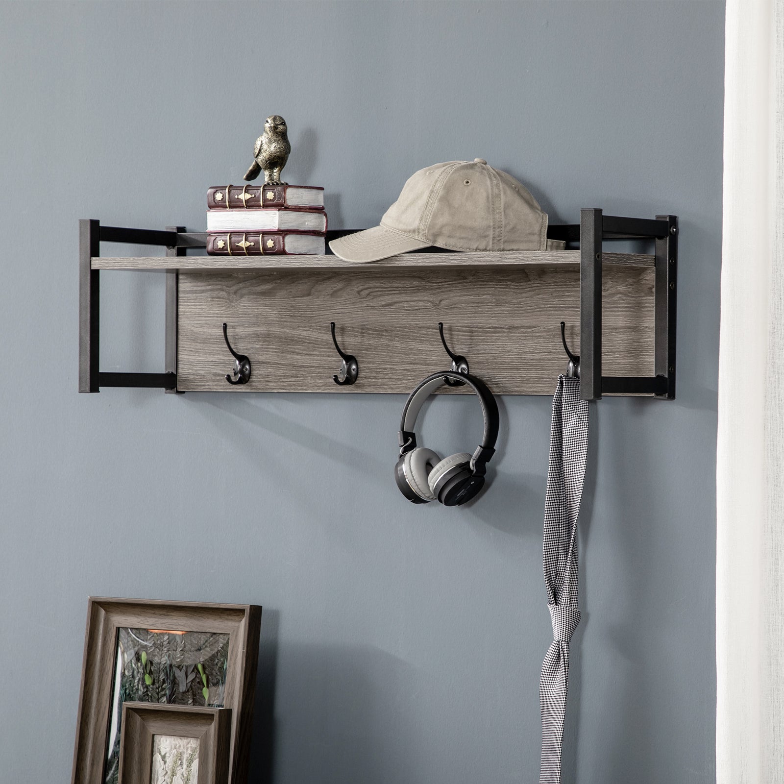 Rustic Wall-mounted Coat Rack Floating Shelf With 4 Hooks