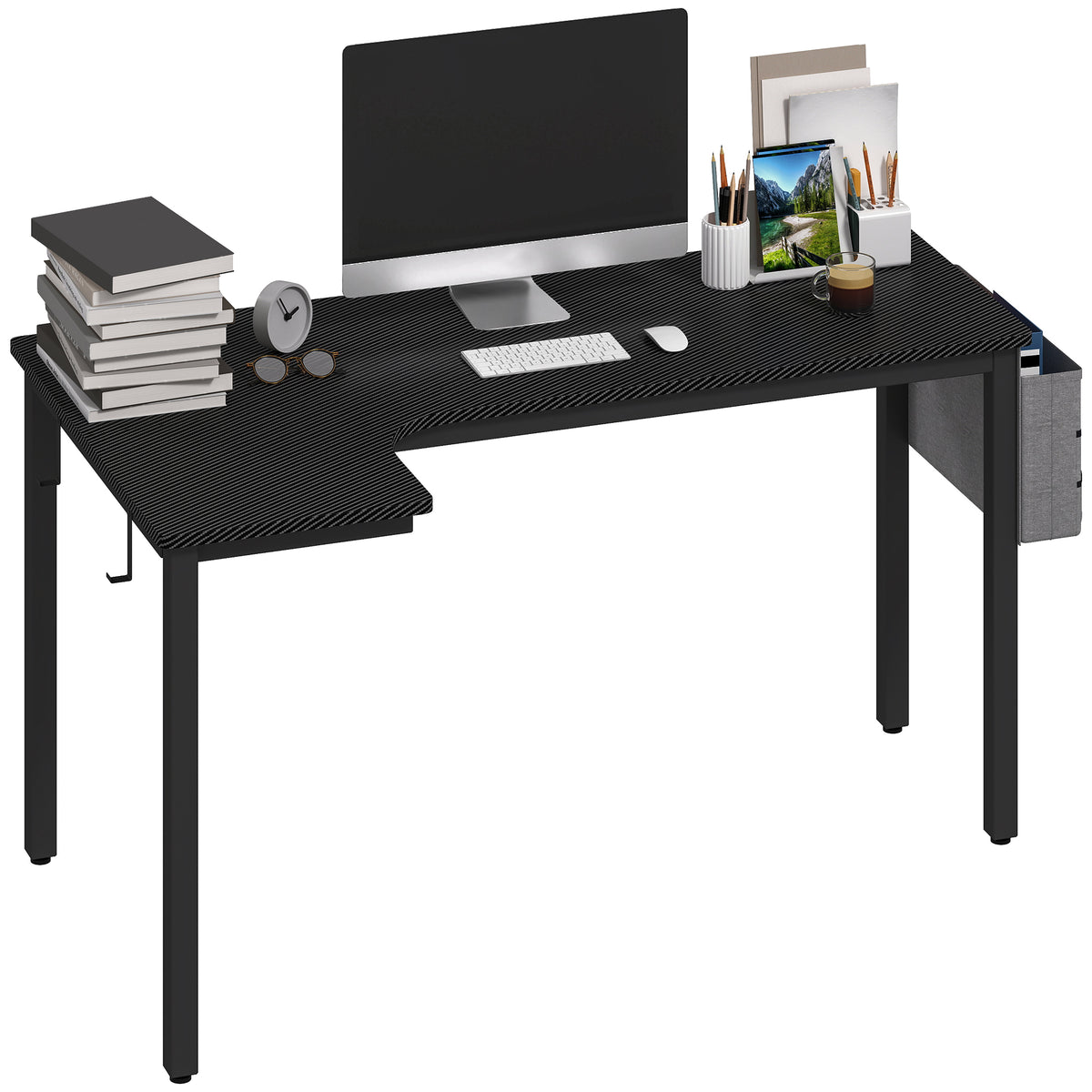 HOMCOM L-shaped Corner Desk Computer With Fabric Bag And Hooks, Black