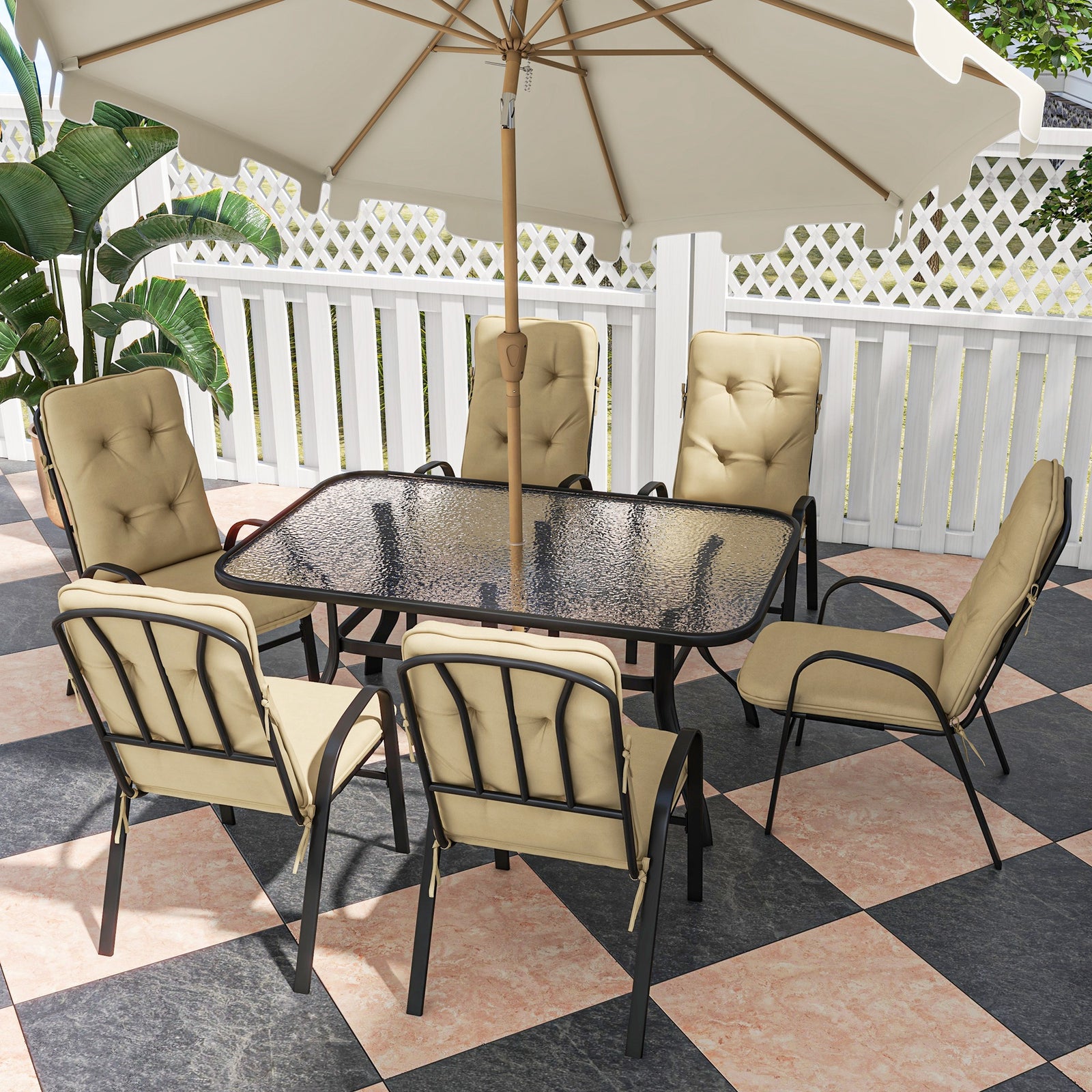 7 Pcs Garden Dining Set, Table W/ Umbrella Hole & Cushion | Beige