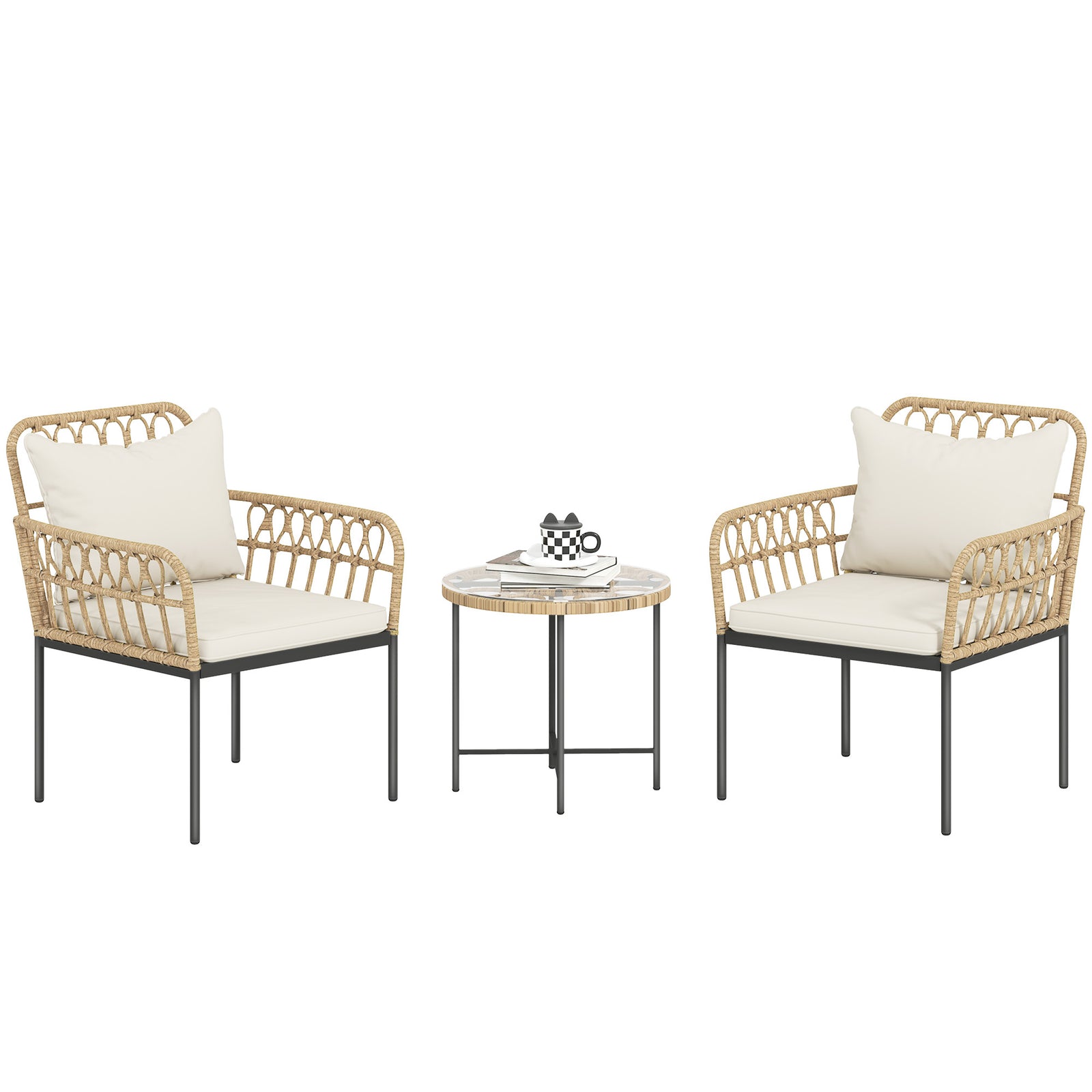 3 Piece Rattan Bistro Set, Glass Top Table And Chairs | Beige