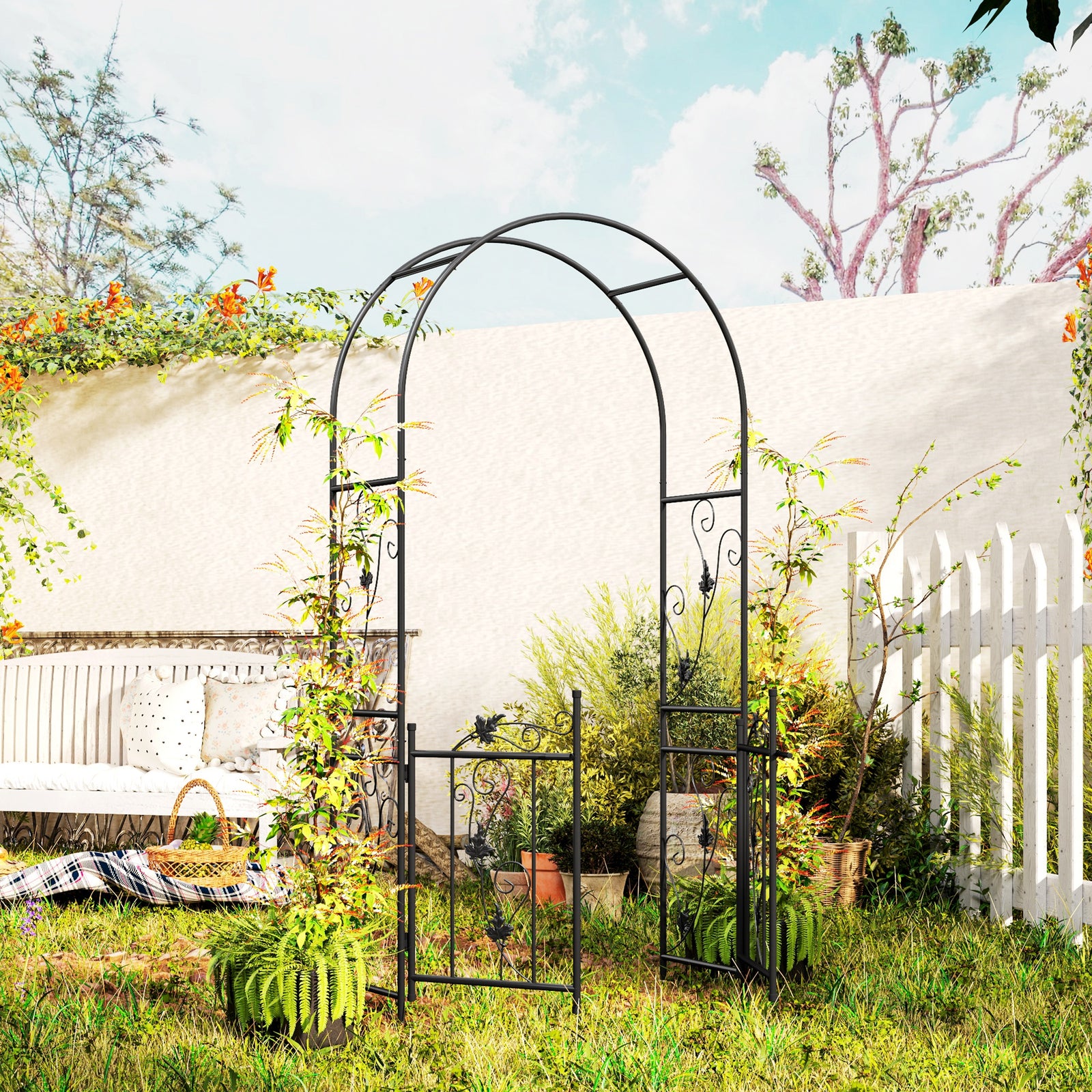 Outsunny 2.17m Steel Garden Arch With Double Gate, Garden Arbor Trellis, Black
