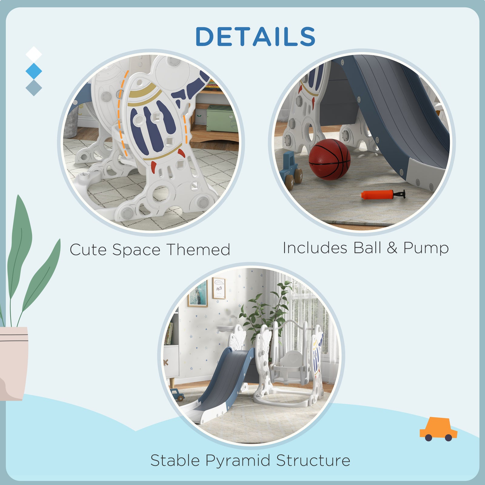 Space-themed Slide And Swing Set For Kids W/ Basketball Hoop | Blue