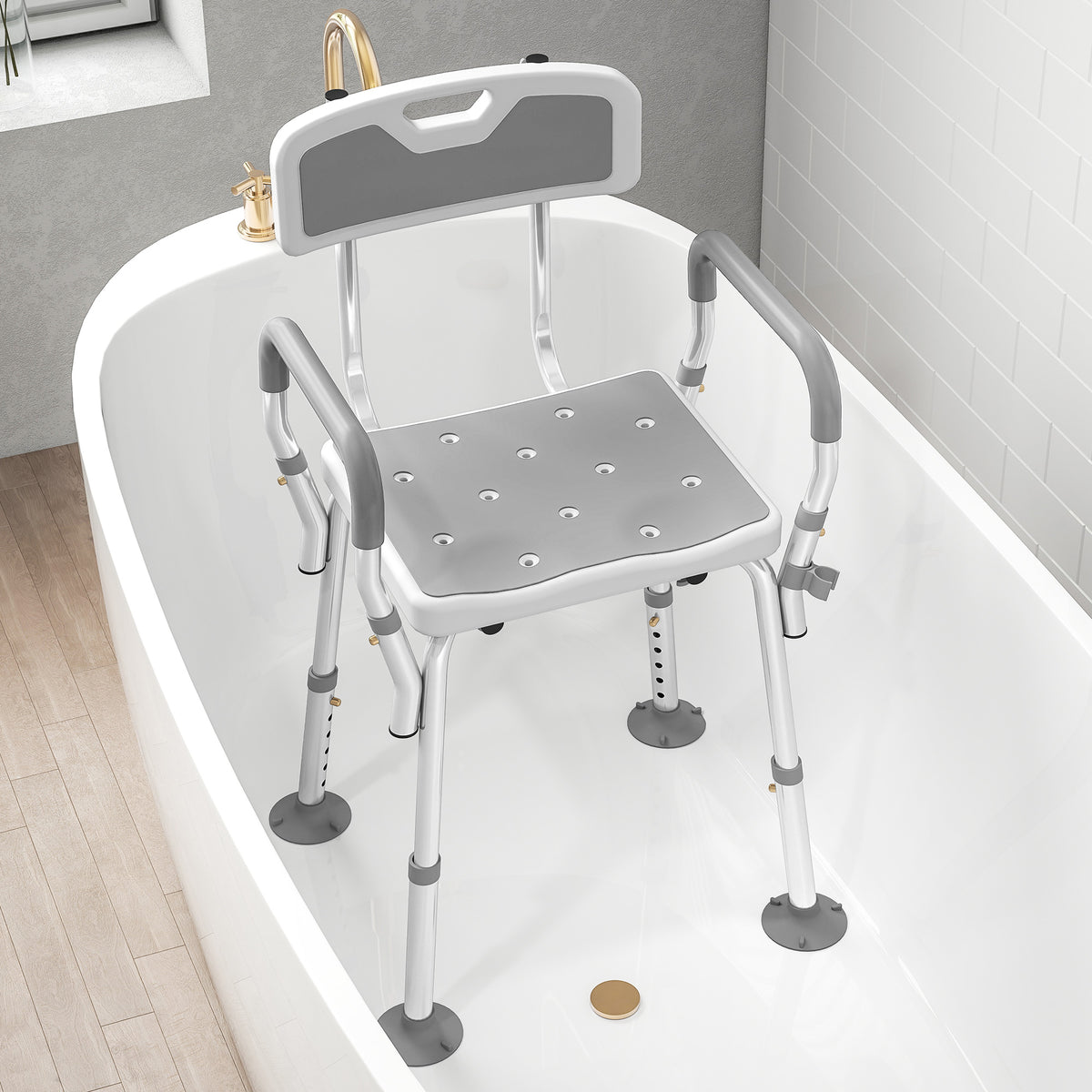 HOMCOM Padded Shower Stool With Arms And Back, 4 Suction Foot Pads