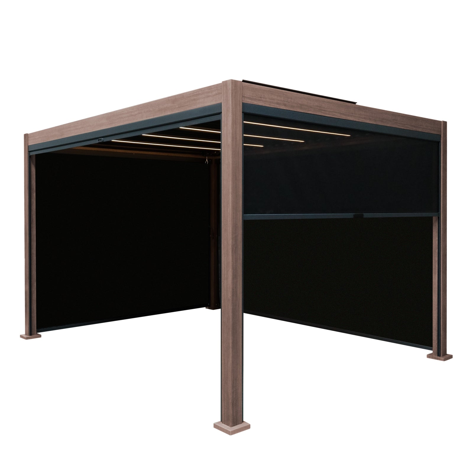 Wood Effect Aluminium Pergola With Blinds & Led Lights | 4m x 3m | Brown