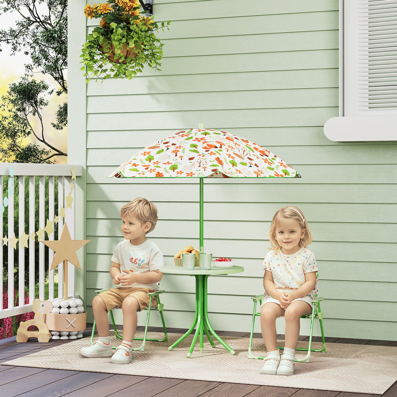 Kids Garden Furniture, Children Table And Chair Set W/ Adjustable Parasol | Green