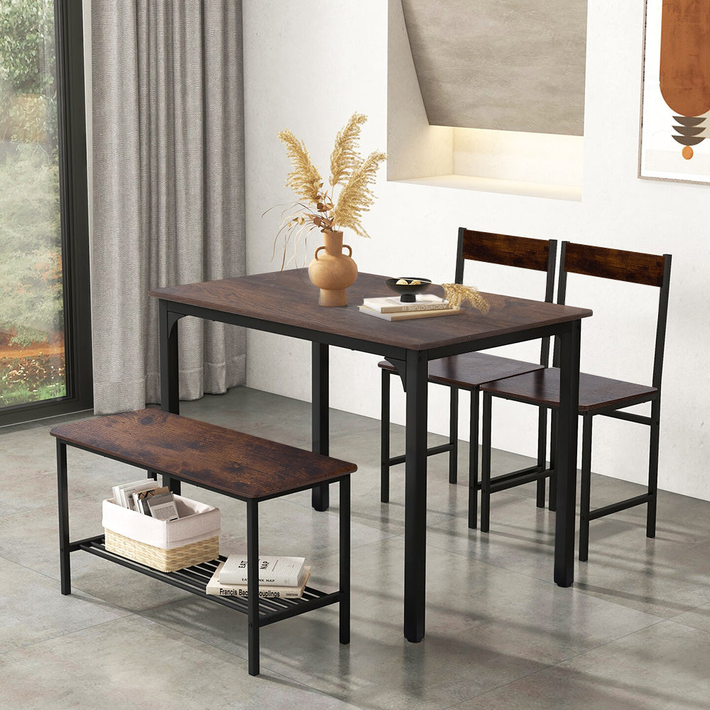 4-piece Industrial Dining Table Set With 2 Chairs And Bench – Vintage Metal Kitchen Furniture | Dark Brown