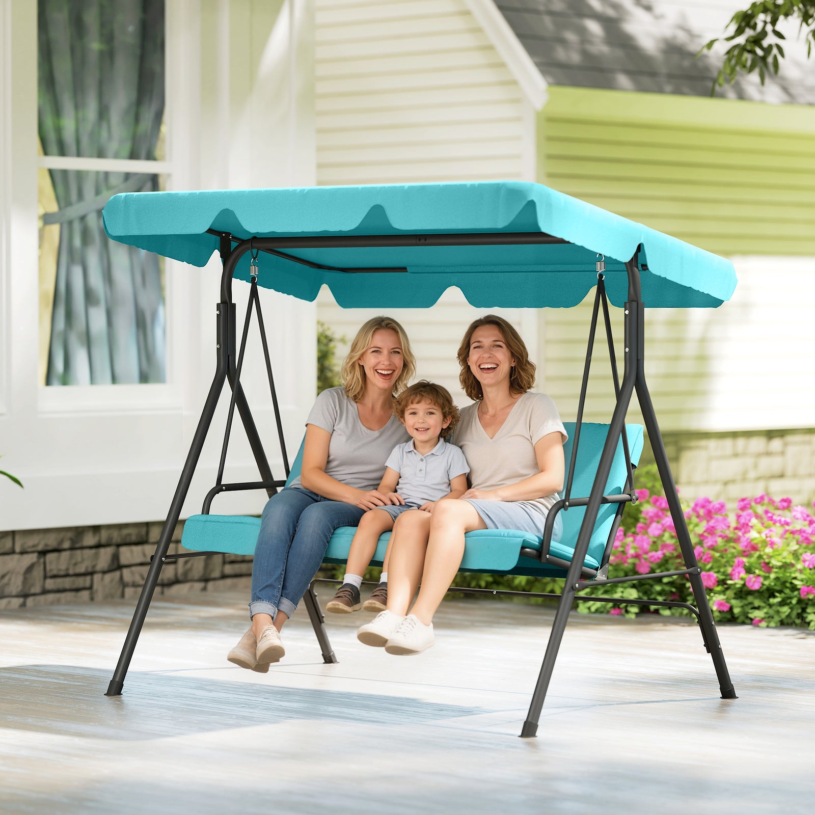 Outdoor 3-person Metal Porch Swing Chair Bench Canopy | Blue