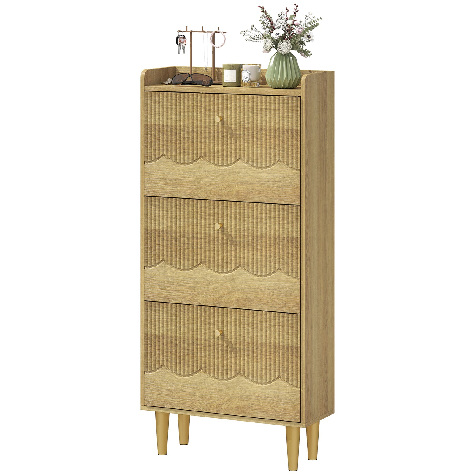 Narrow Shoe Cabinet, Shoe Storage Cabinet With Flip Drawers, Oak | L | Oak