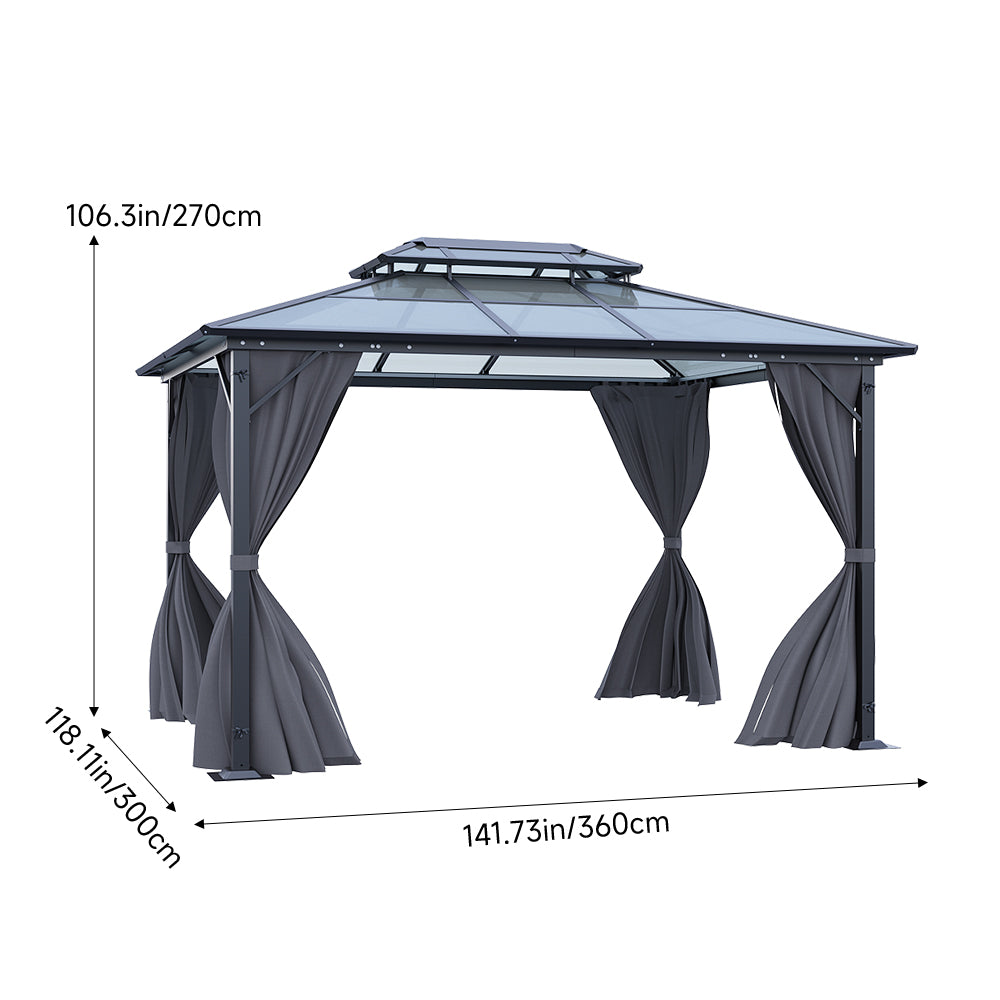 3 x 3.6m Hardtop Patio Gazebo with Curtains, Double-Tier Roof, Steel & Aluminium Frame, Outdoor Garden Sun Shelter Canopy, 2.7m High