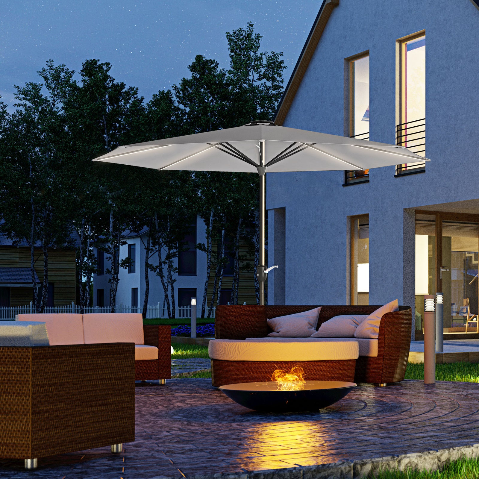 2.65m Parasol W/ Solar Led Lights & Crank Handle | Light Slate Gray