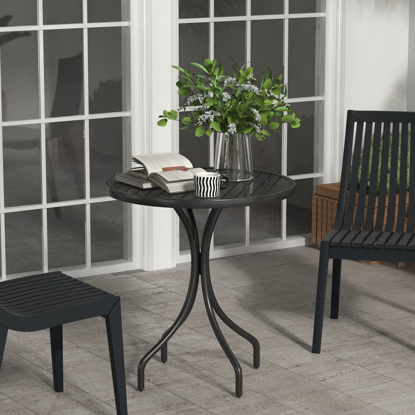 66cm Garden Table, Round Patio, Steel Frame, Slat Top, Black