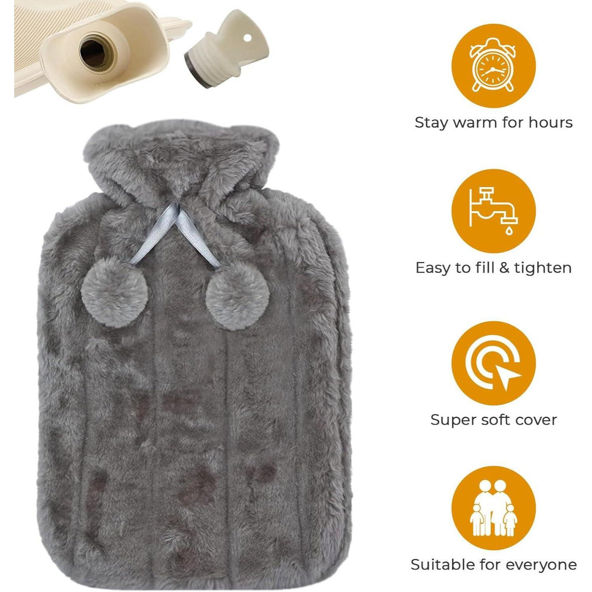 Dyzi 2l Hot Water Bottle With Soft Faux Fur Cover Charcoal Grey
