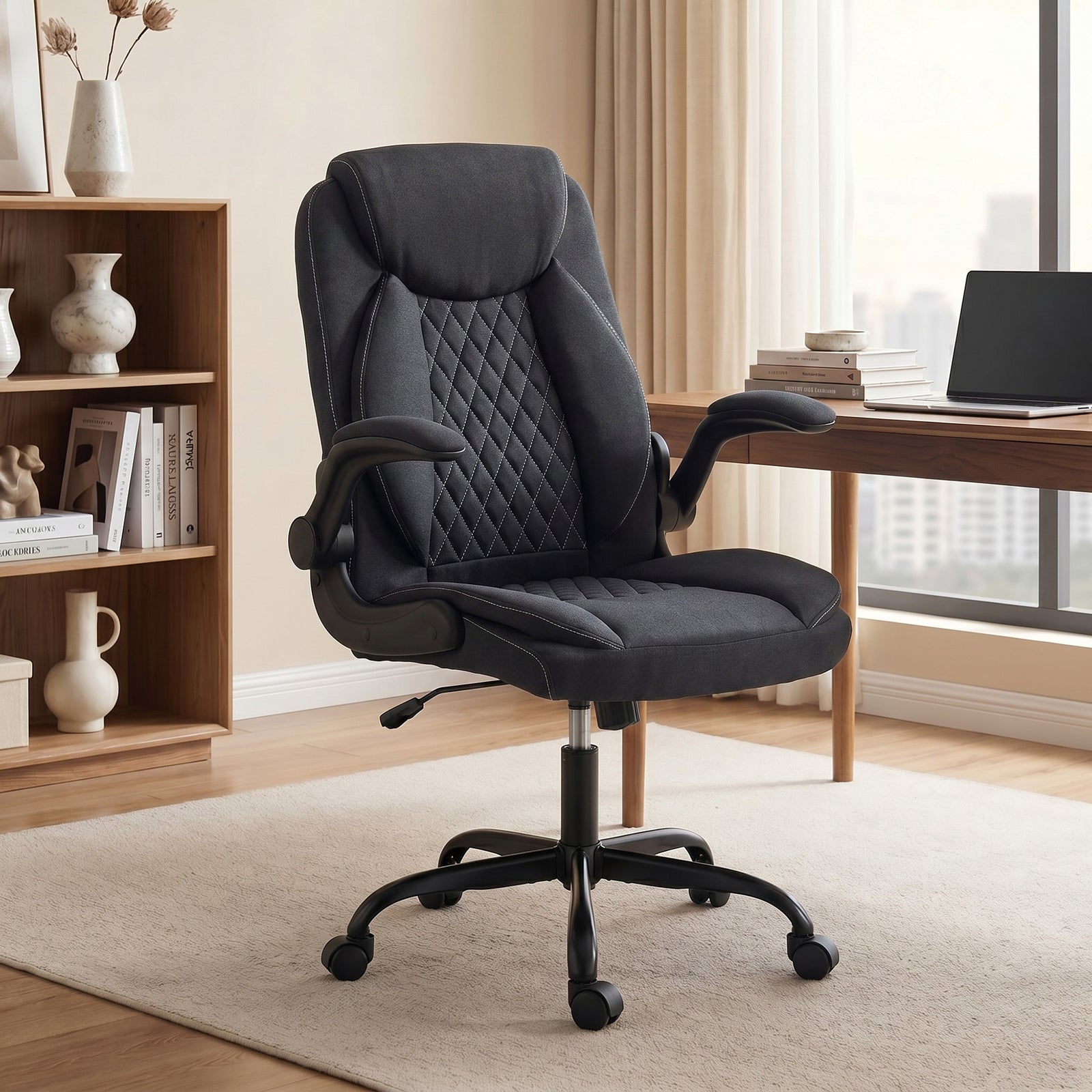 Linen-look Computer Desk Chair With Thick Cushion | Black