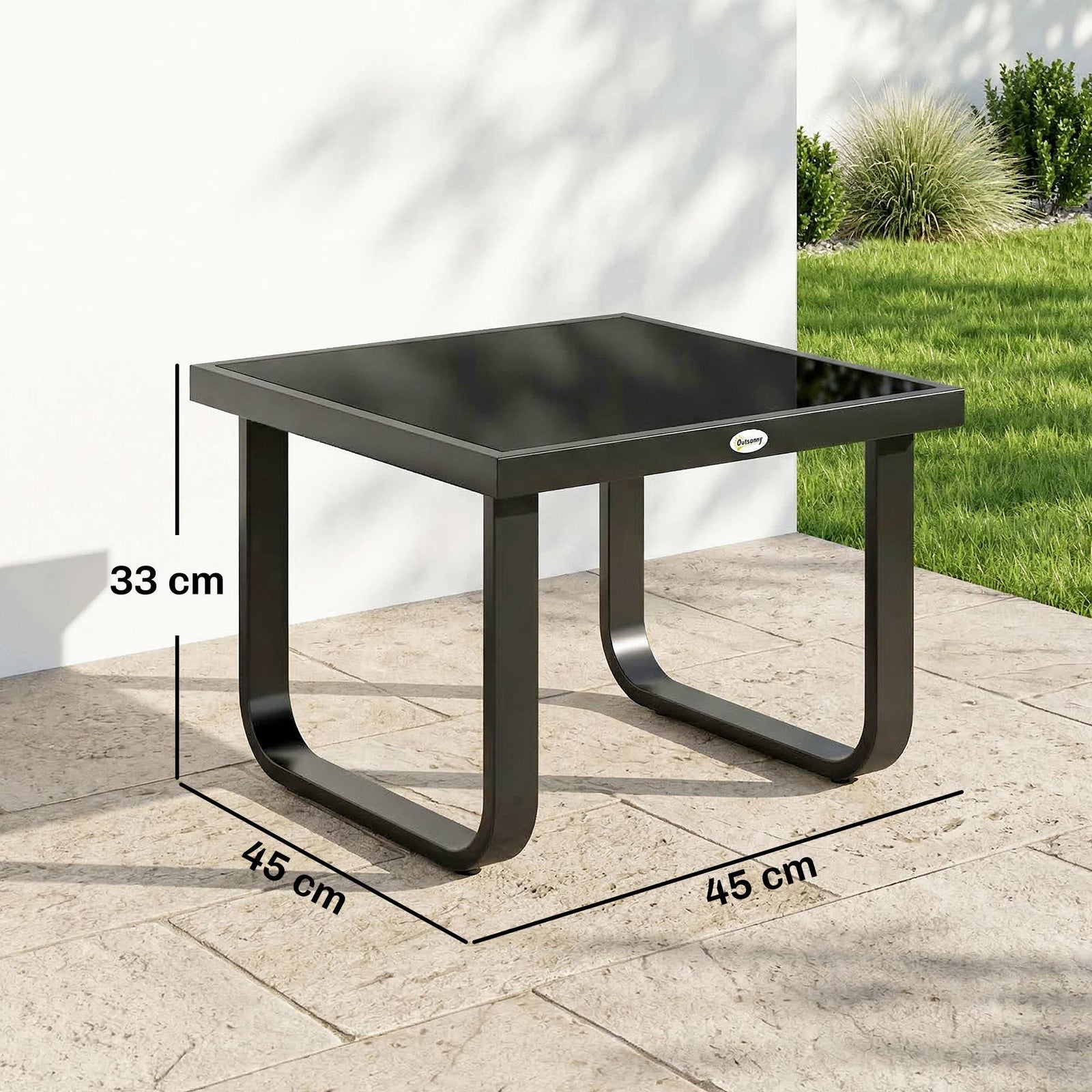 Garden Coffee Table Outdoor Side Table With Glass Top | Small | Black