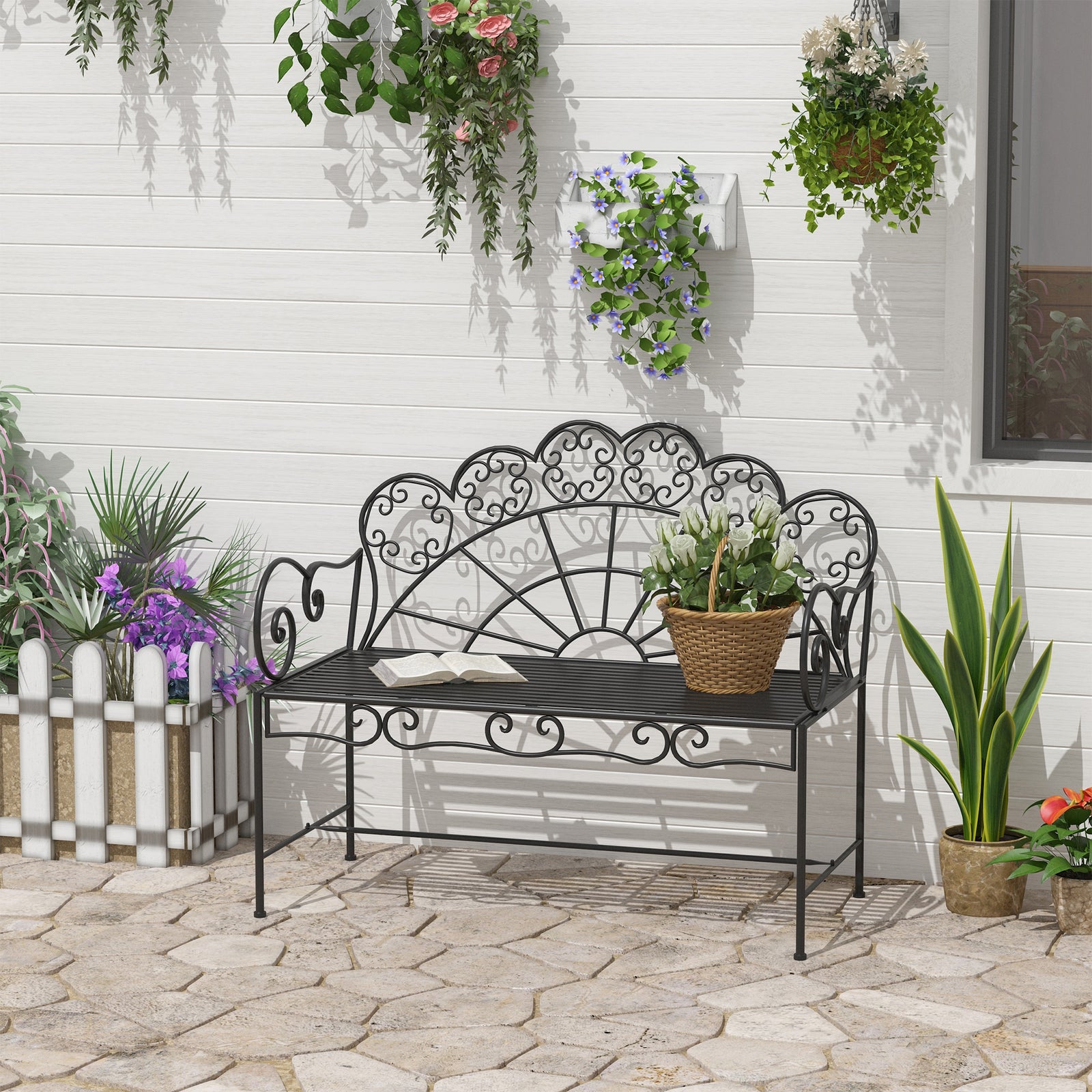 Outsunny Garden Bench, Metal Outdoor Patio Garden Loveseat, Black