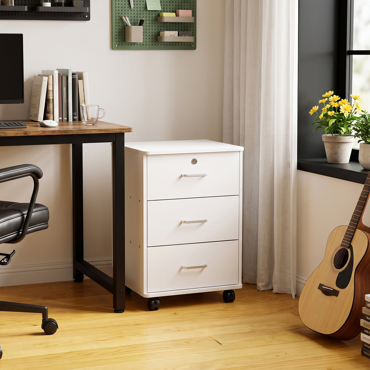Breeins White Lockable 3-drawer Filing Cabinet With Casters