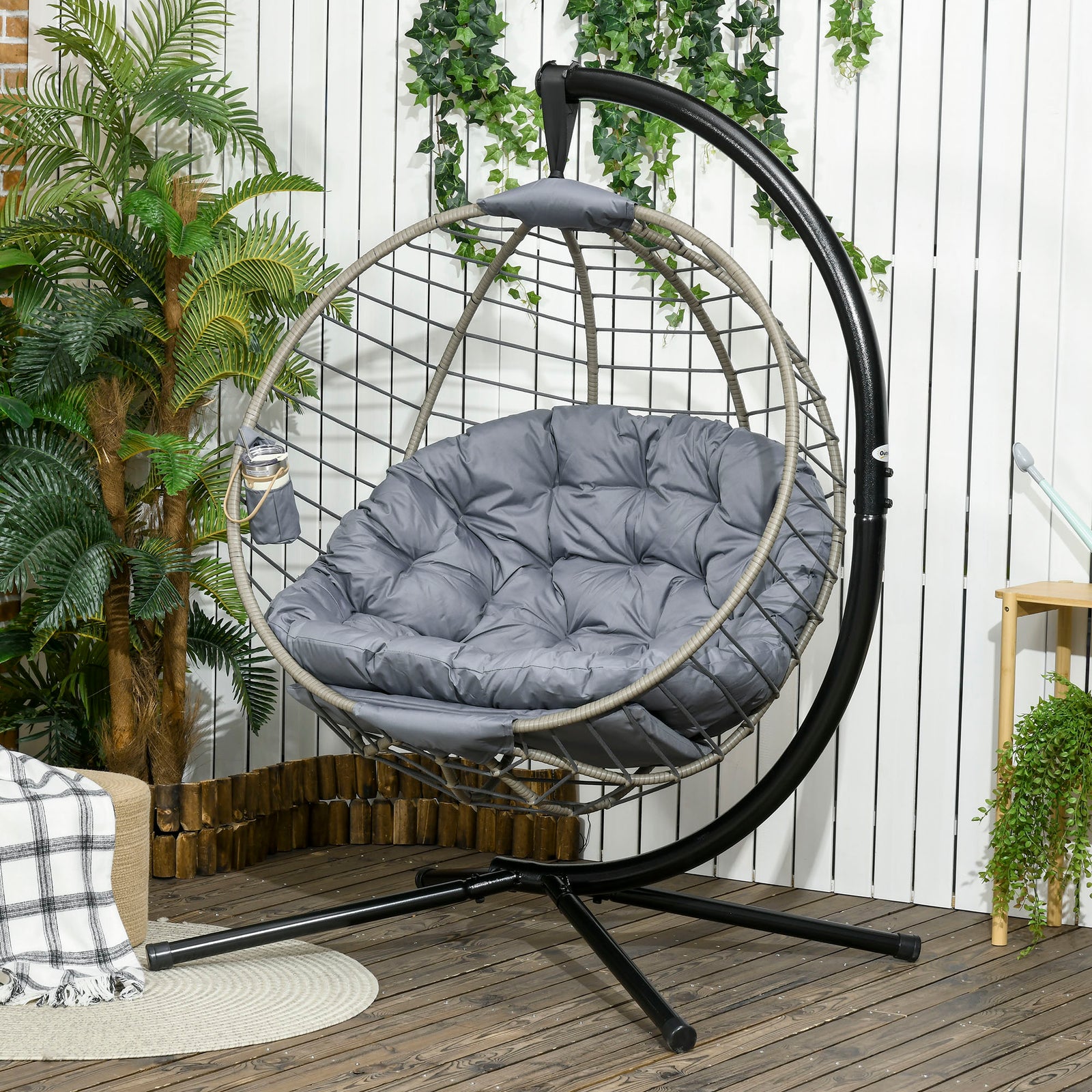 Hang Chair With Thick Cushion, Foldable Basket & Cup Holder