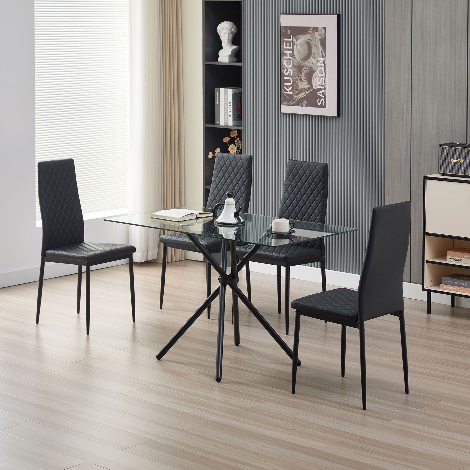 Miami Dining Table With 4 Emily Leather Chairs | Black