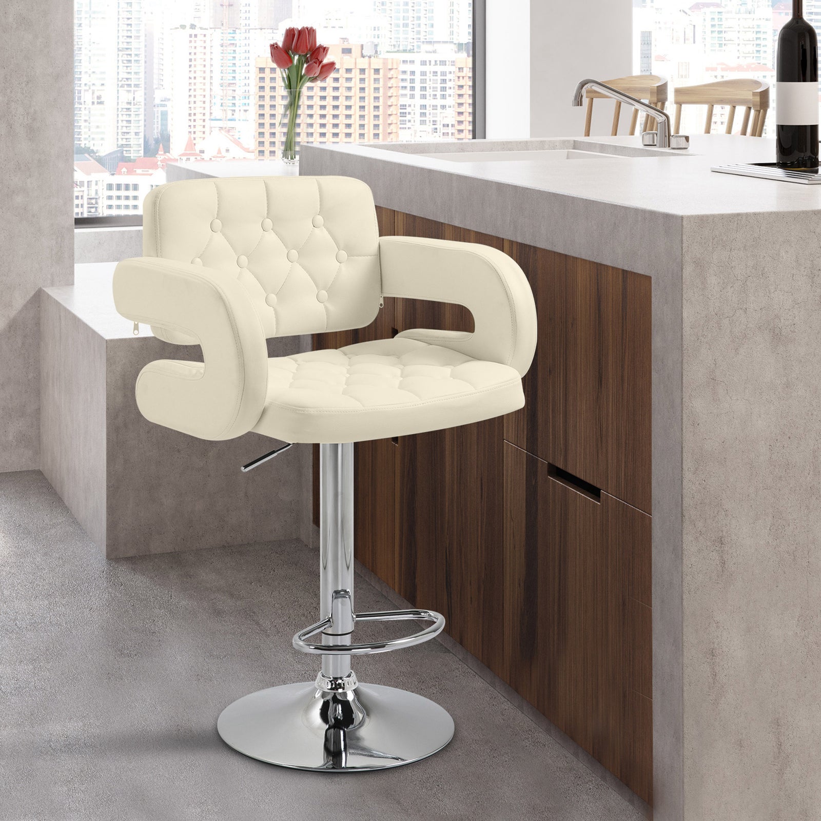 Adjustable Height Barstool Steel Pole Pu Leather | Beige