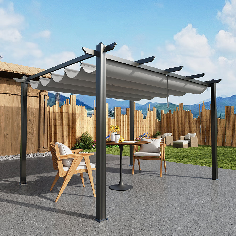 4m X 3m Outdoor Aluminium Pergola With Pu-coated Water-resistant Polyester Canopy, Adjustable Shade, Rust-resistant Black Frame