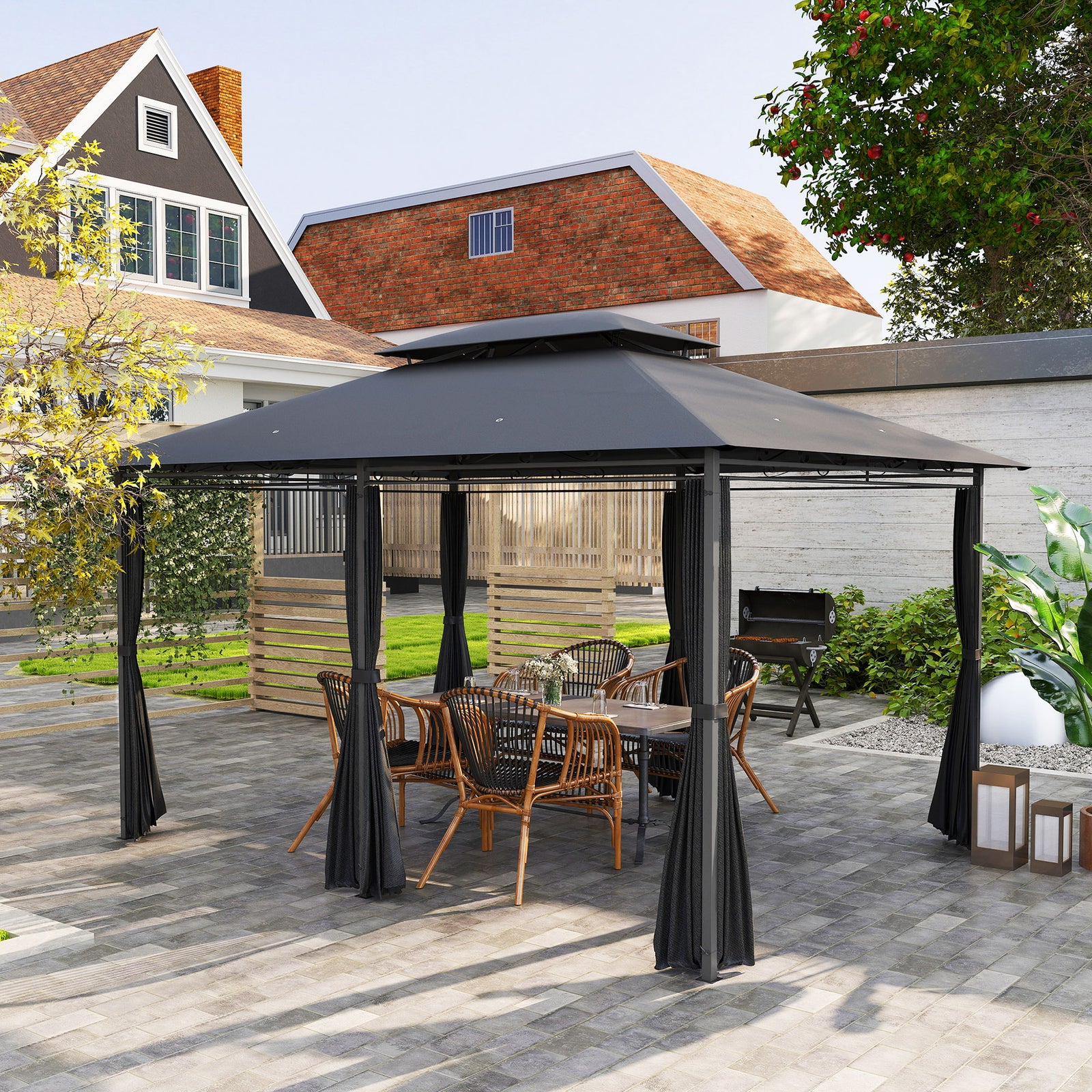 4m X 3(m) Outdoor 2-tier Steel Frame Gazebo W/ Curtains
