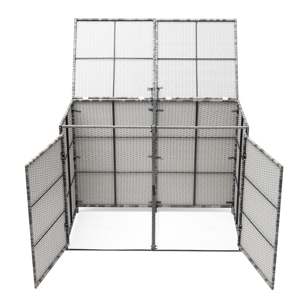 Pe Rattan Double Trash Can Storage Shed With Lid & Front Door, Outdoor Garbage Bin Enclosure, Metal Frame, Weather-resistant Wicker Design | Grey