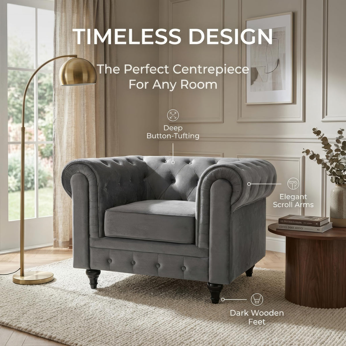 Chesterfield Scroll Arm Velvet Sofa 1 Seater | Grey