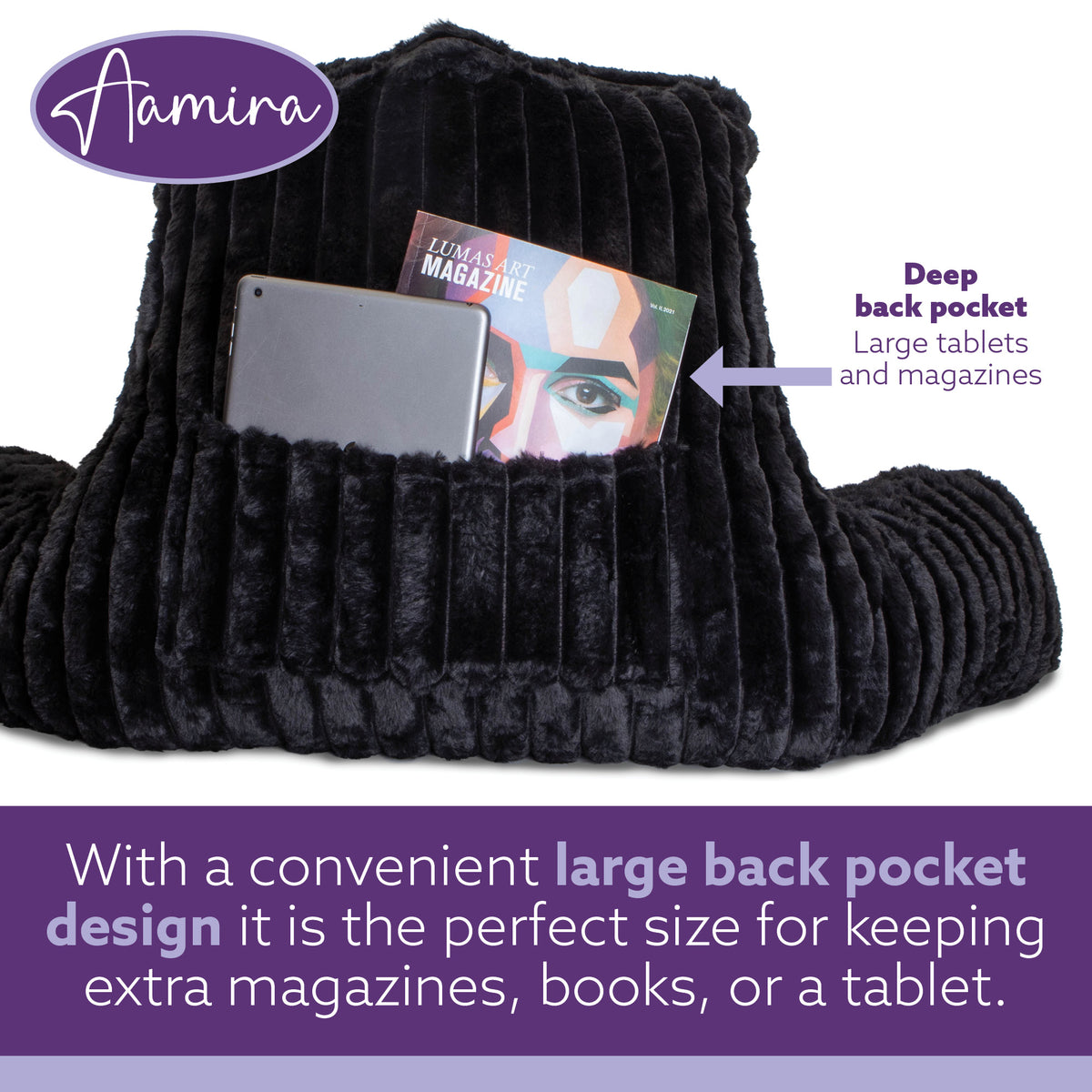 Deluxe Large Reading Pillow, Soft Ribbed Faux Fur, Shredded Memory Foam Cuddle Cuddle Cushion Backrest Arm Support | L | Black