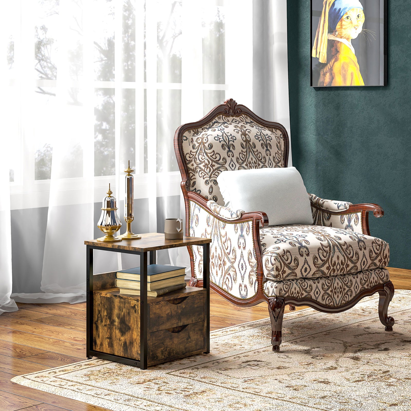 End Table Bedside Desk Slim Storage Cabinet with Shelf | Brown