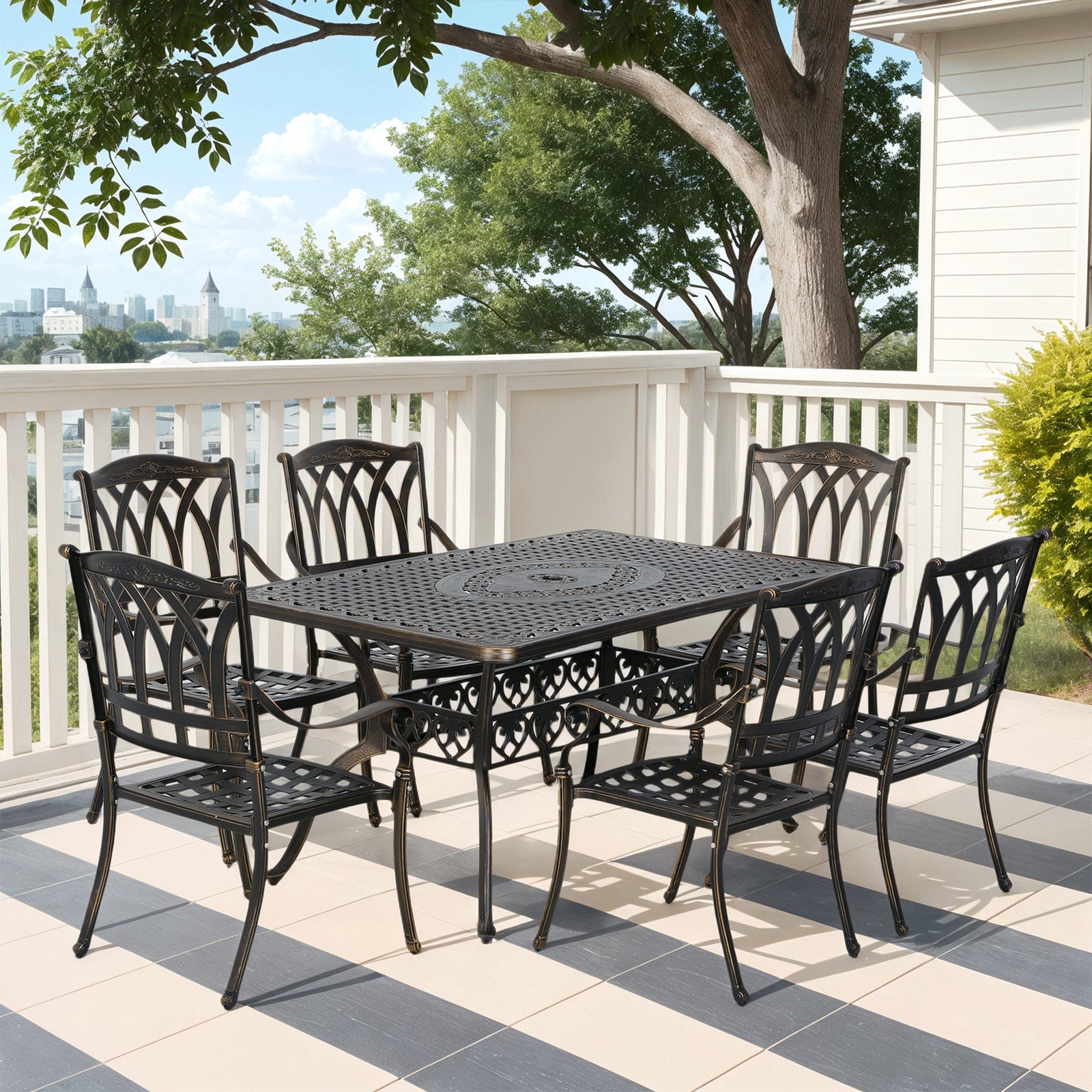 7 Pieces Cast Aluminium Garden Dining Set W/ Parasol Hole