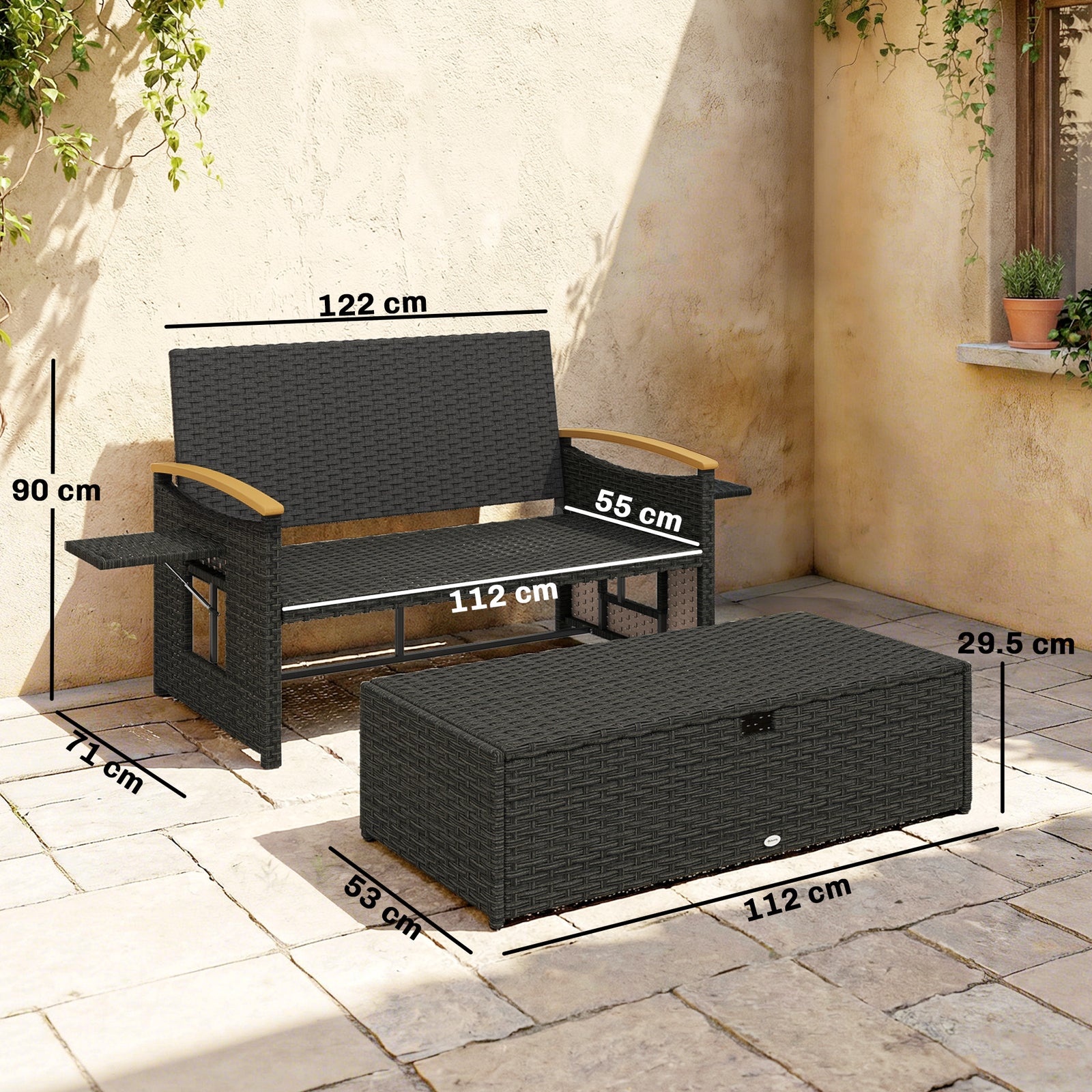 Double Garden Rattan Daybed With Storage Ottoman | Black & Blue