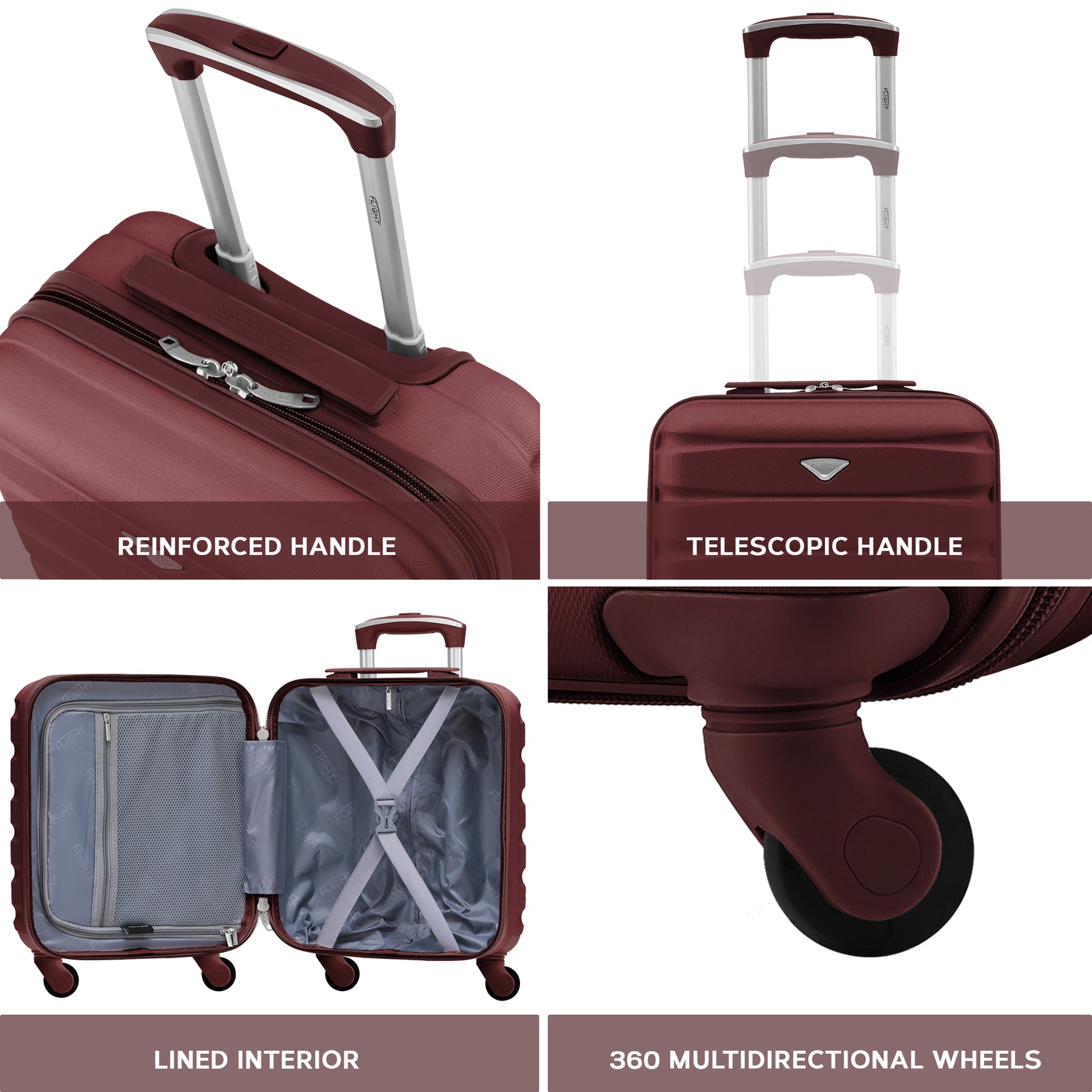 45x36x20cm Lightweight Underseat Cabin Carry On Suitcase - 100+ Airline Approved - Hard Shell Luggage - 4 Wheels | 45 x 36 x 20cm | Burgundy