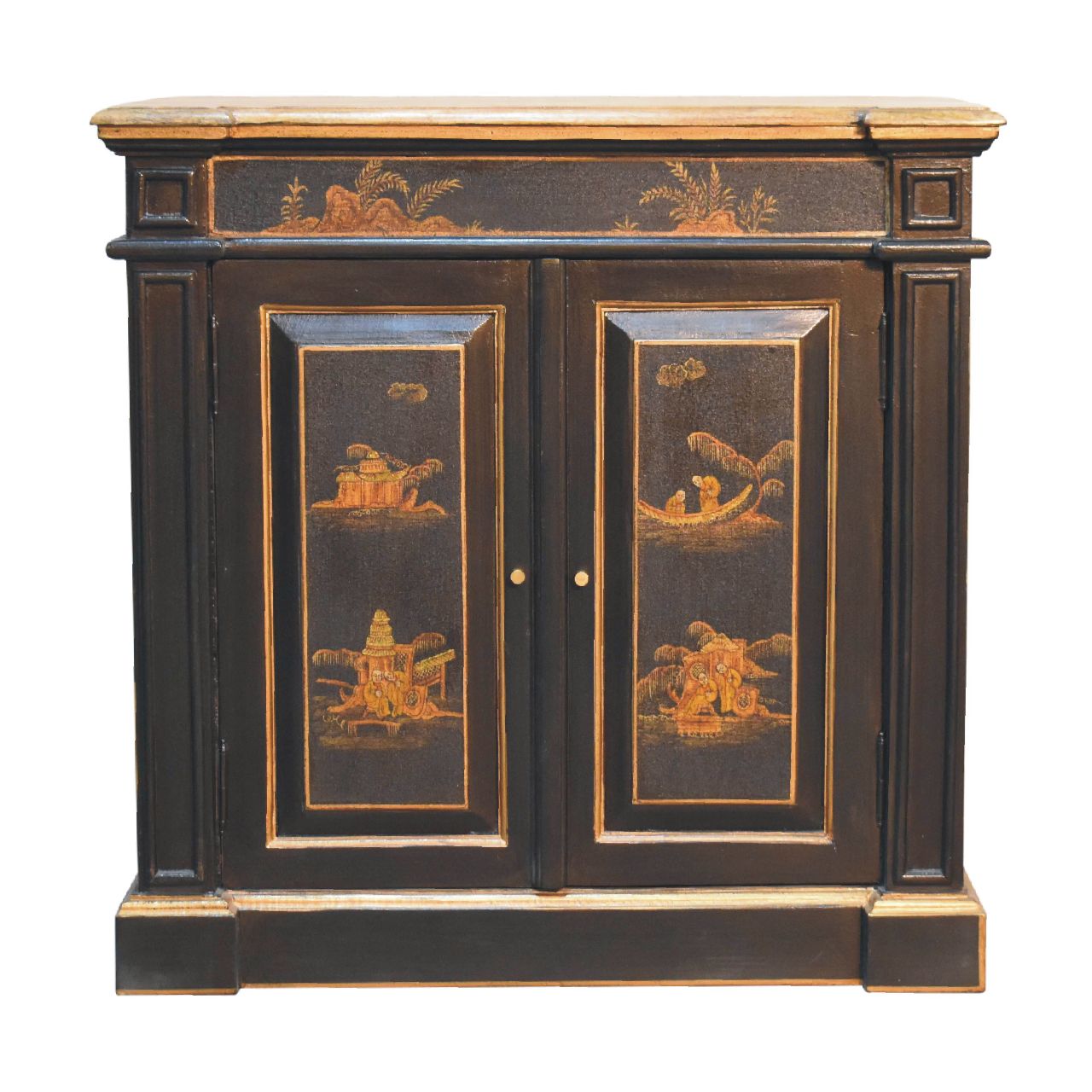Solid Wood Oriental Hand-painted Wine Cabinet, Black, 2 Doors