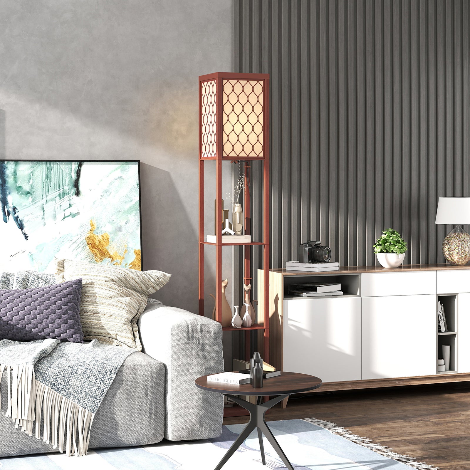 Modern Floor Lamp Light With 3 Shelves Fabric Lampshade | Brown