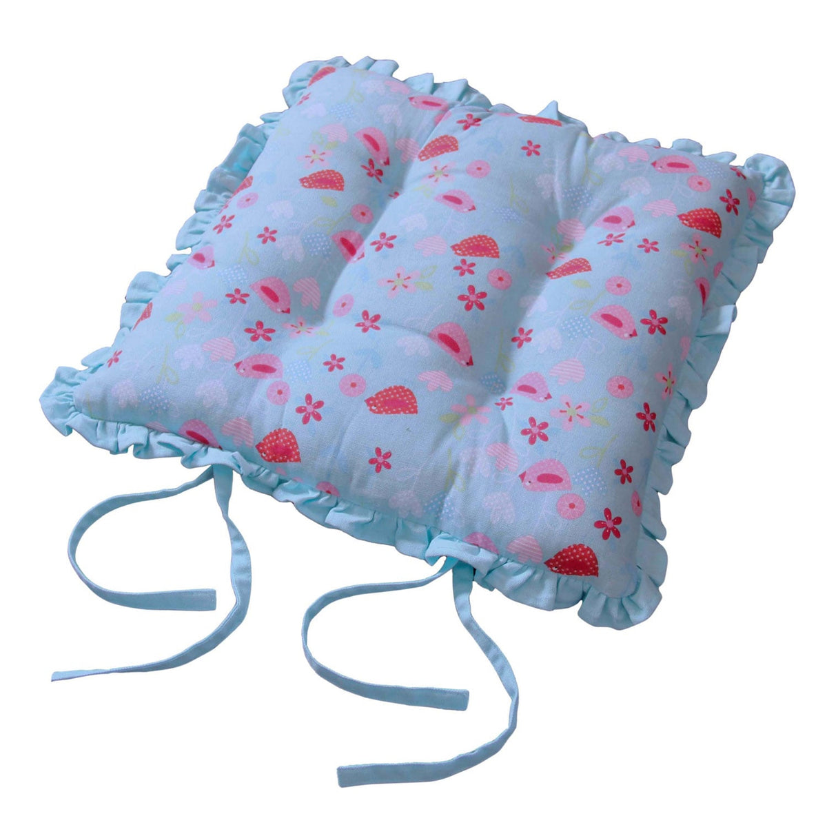 HOMESCAPES Reversible Blue Frilled Cushion Seat Pad With Ties Birds & Flowers