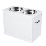 Raised Pet Bowls W/ Storage, Two Stainless Bowls, Elevated Base | White