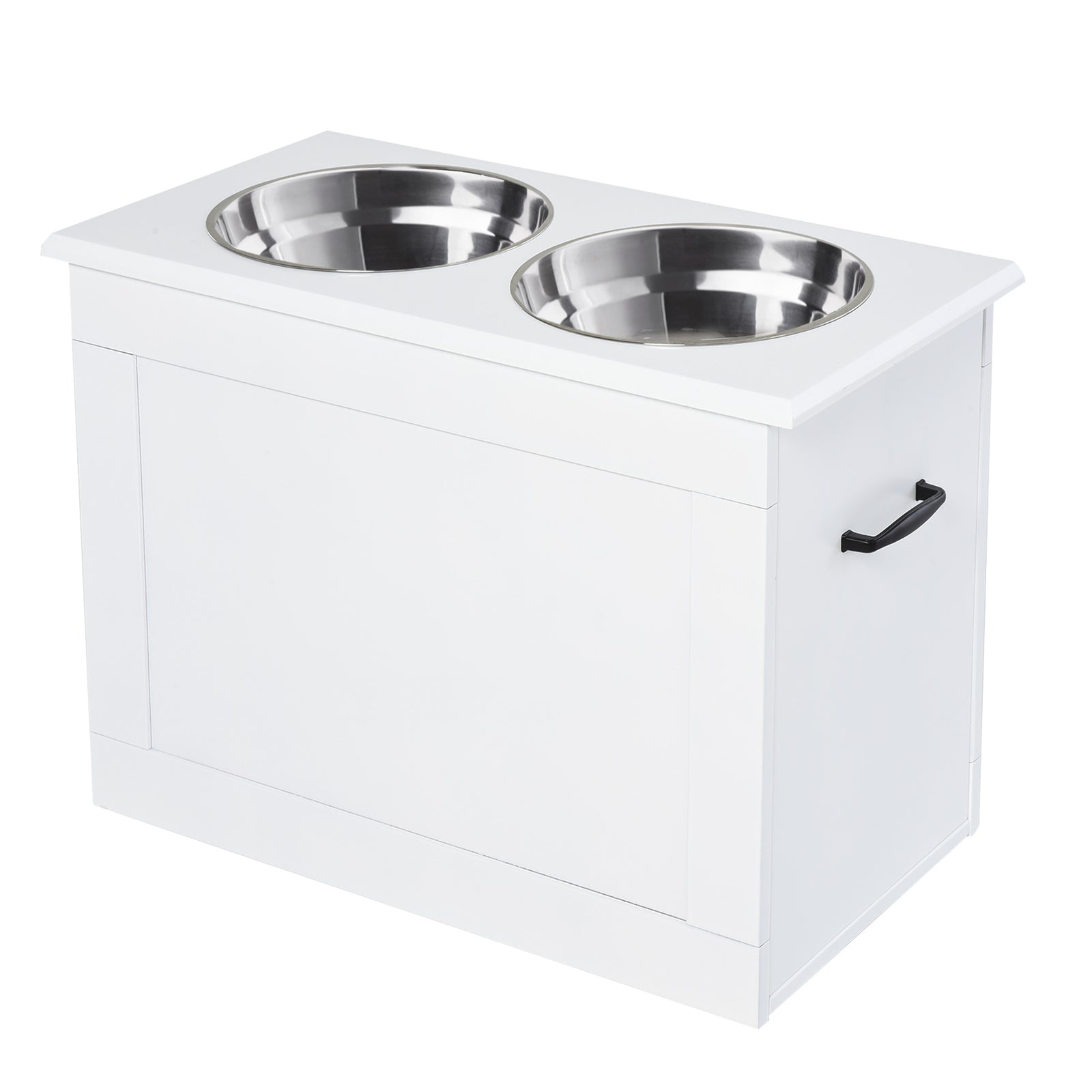 Raised Pet Bowls W/ Storage, Two Stainless Bowls, Elevated Base | White