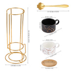 Set Of 4 Ceramic Coffee Cups With Saucers, Spoons & Metal Stand | White & Black