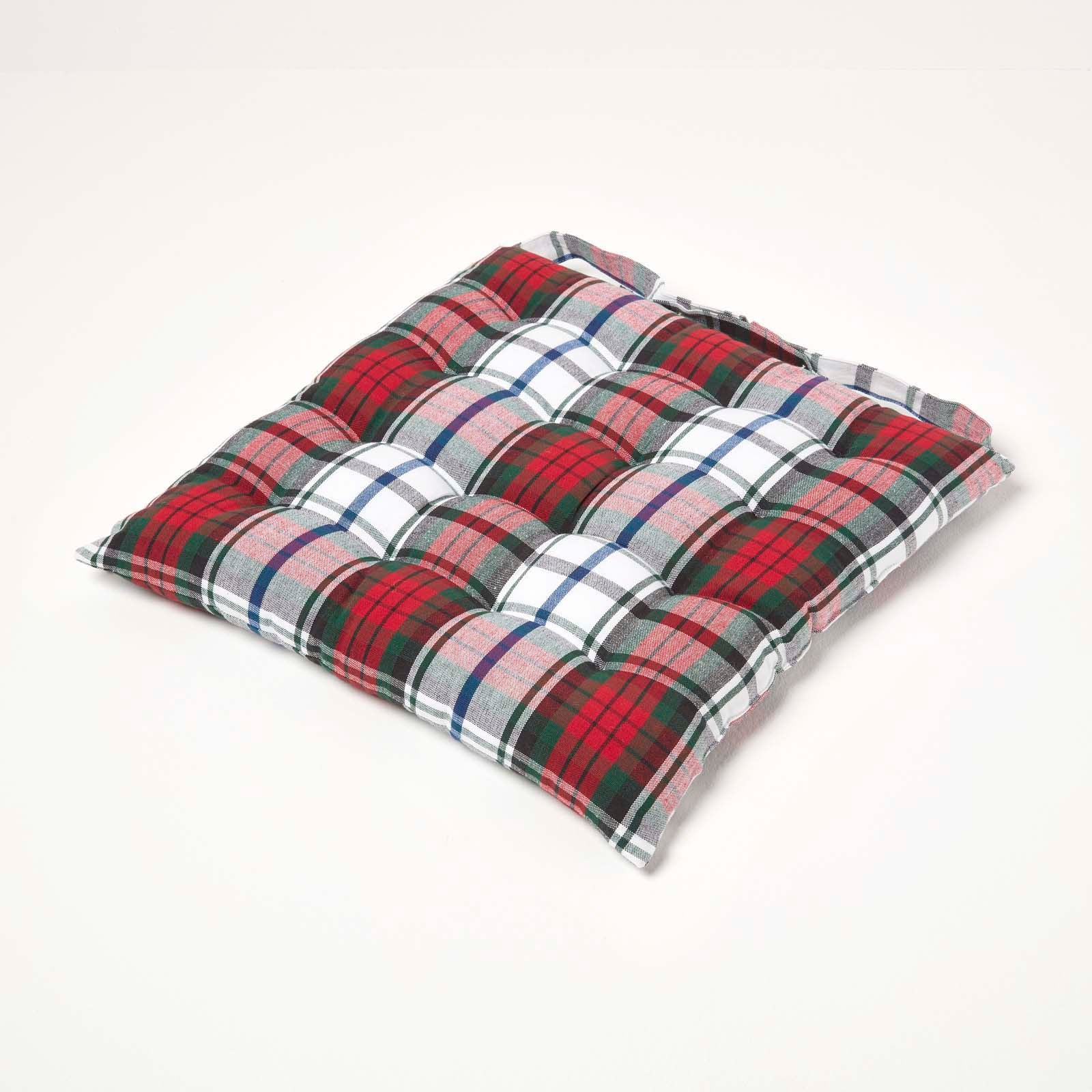 Tartan Check Seat Pad With Button Straps 100% Cotton, 40 X 40 Cm | Set-of-1 | Red