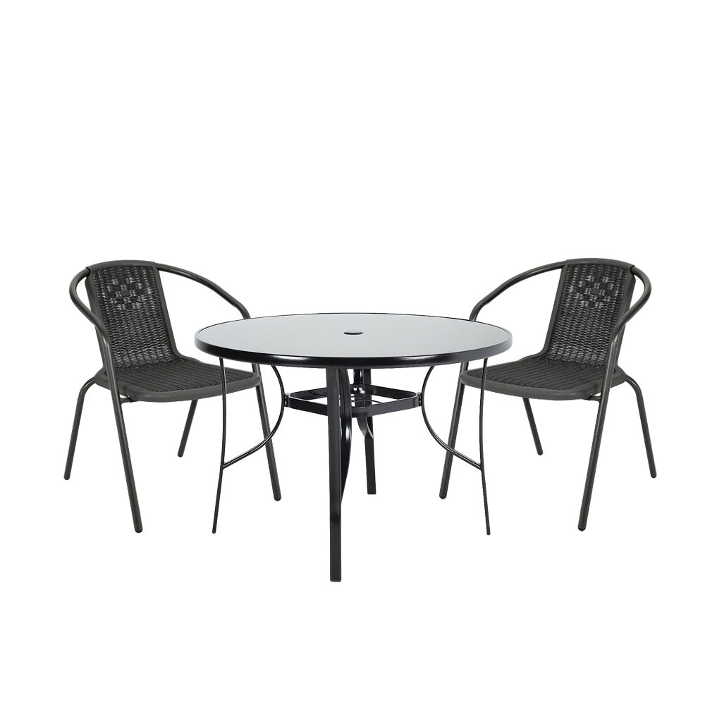 3 Pcs Bistro Set Glass Top Tempered Glass Coffee Table And Rattan Chairs