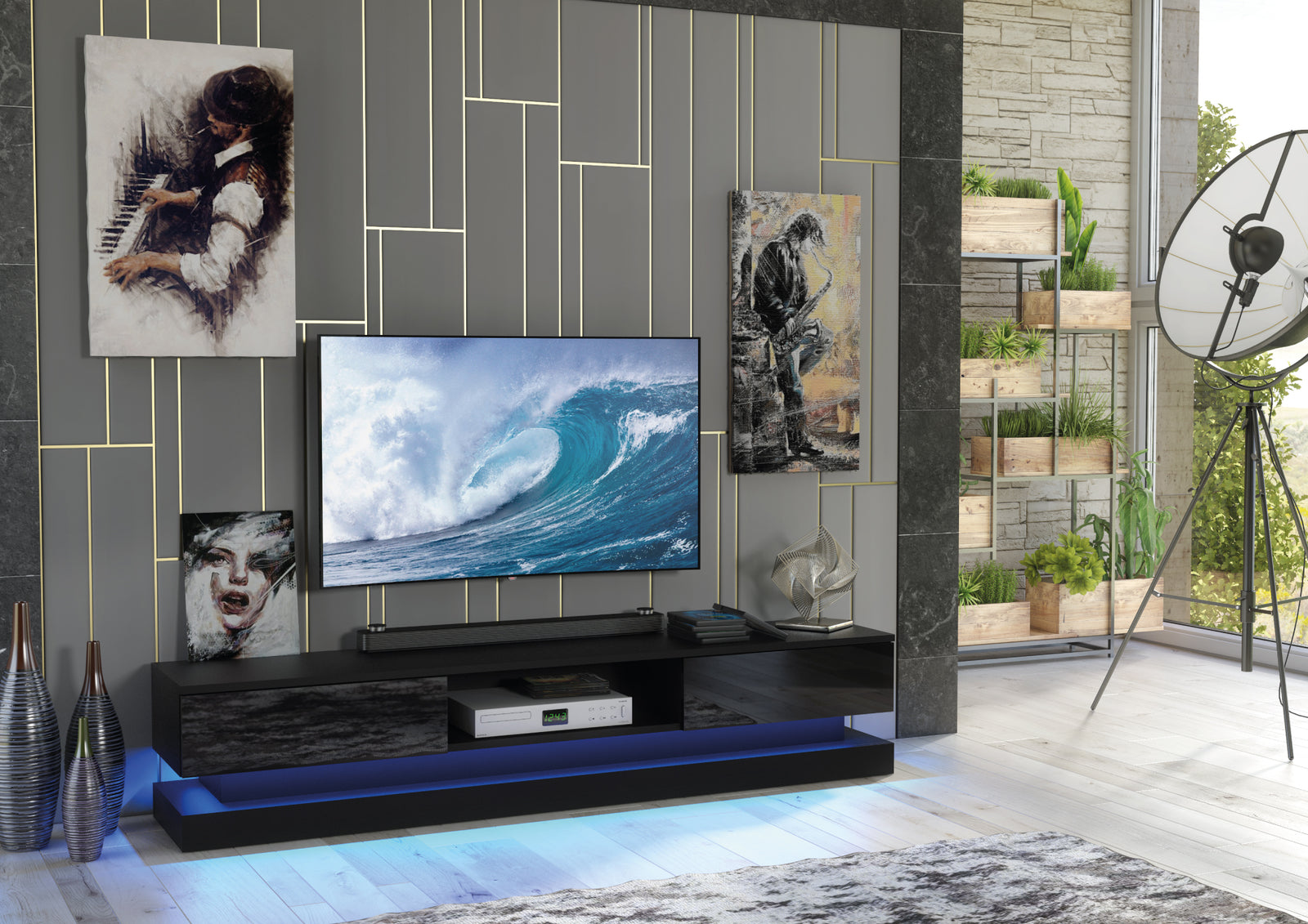 Bloom Tv Unit 180cm With Led Lights | Black