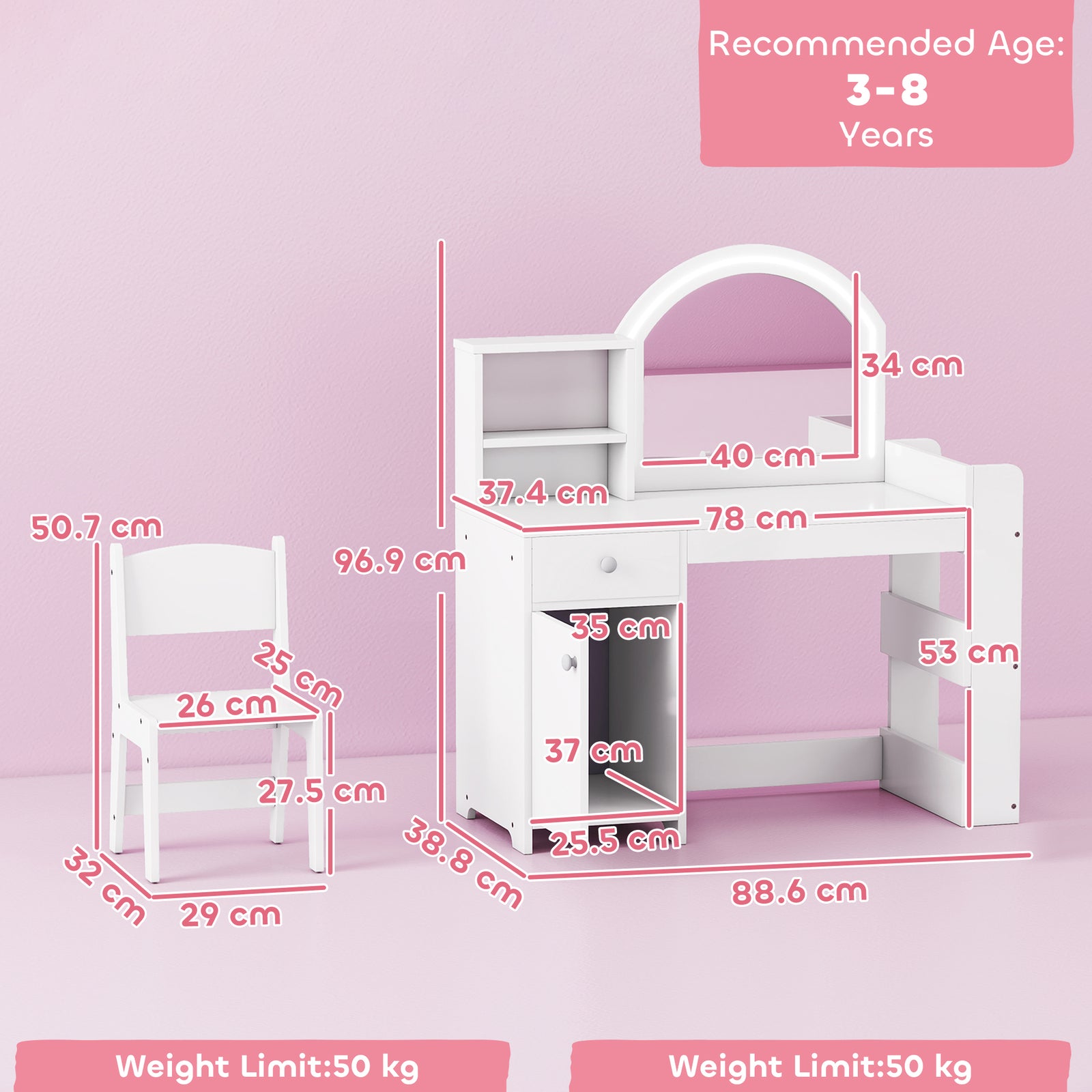 Girls Dressing Table With 2-colour Led Mirror And Stool | White