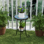 35.5cm Round Mosaic Garden Side Table Plant Stand W/ Shelf | Blue