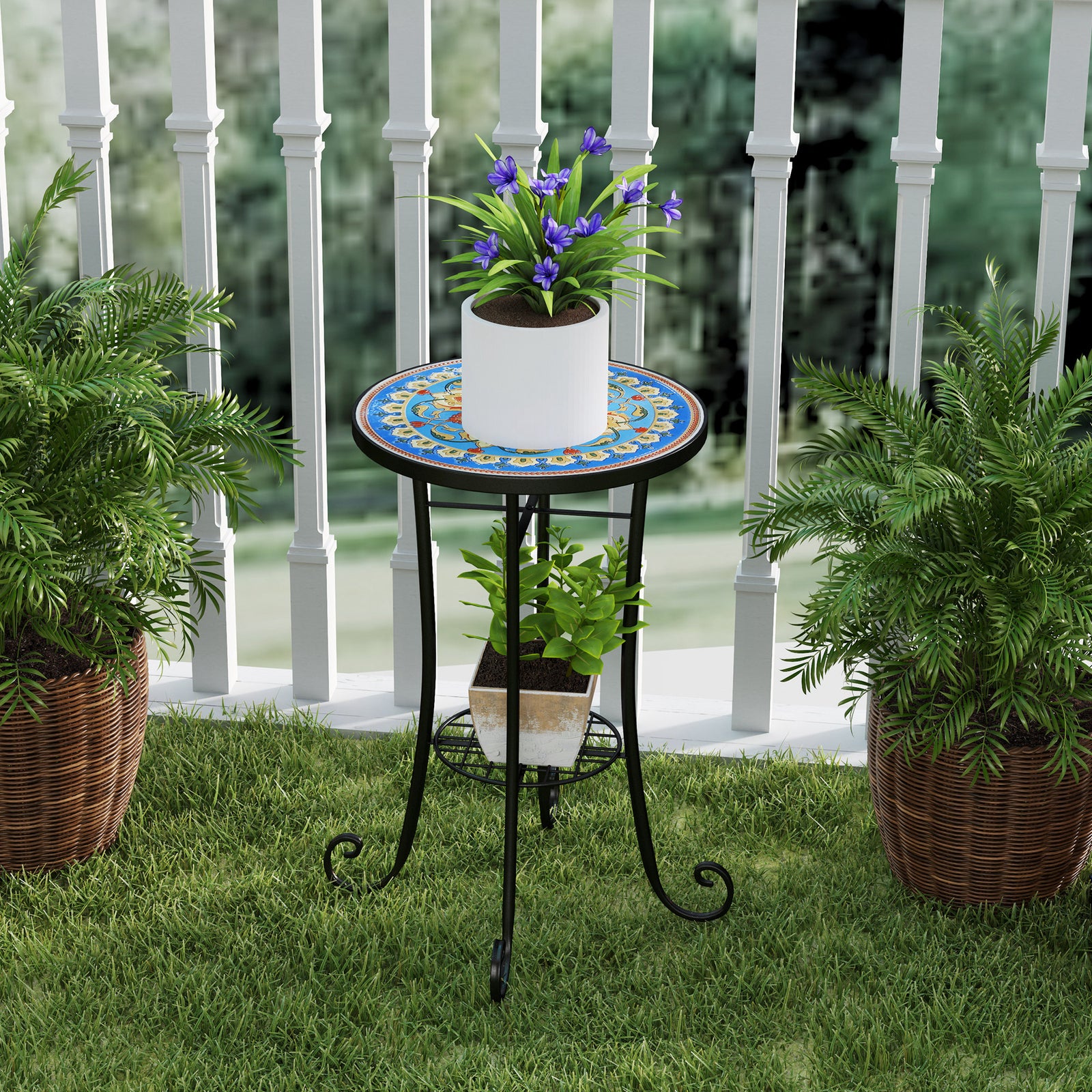 35.5cm Round Mosaic Garden Side Table Plant Stand W/ Shelf | Blue