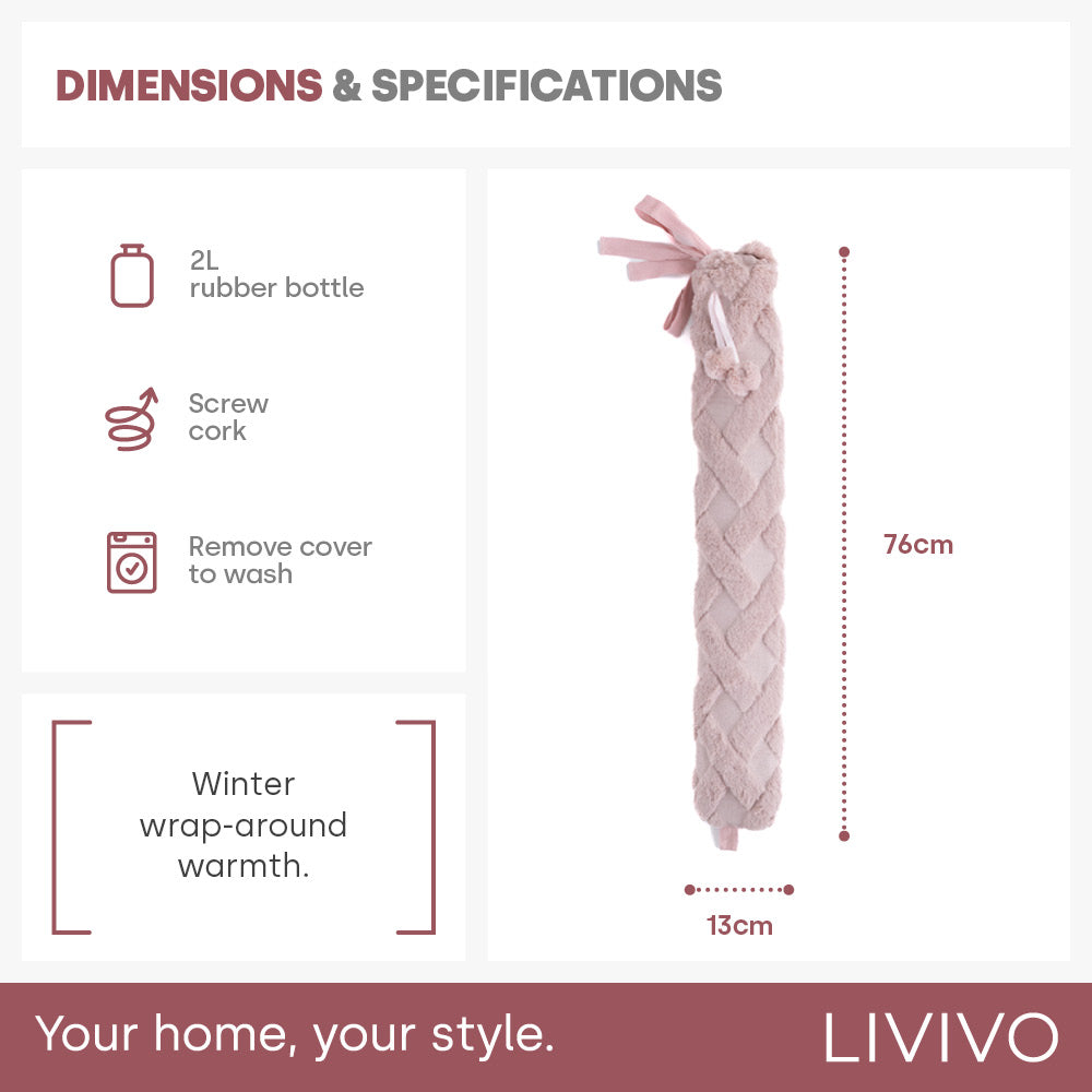 Livivo 2l Long Hot Water Bottle With Stylish Pink Lattice Cover And Pom Poms