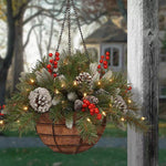 Pre Lit Artificial Christmas Hanging Basket With Frosted Pine Cone