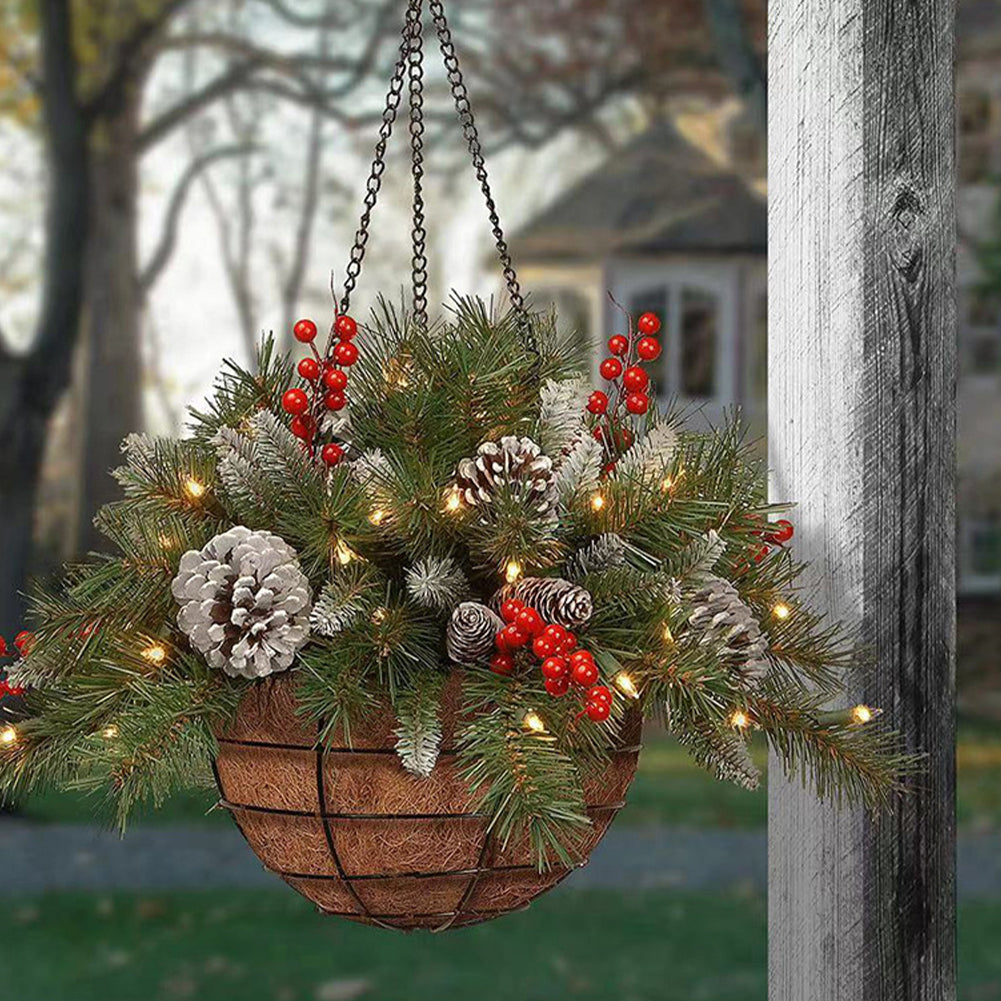 Pre Lit Artificial Christmas Hanging Basket With Frosted Pine Cone