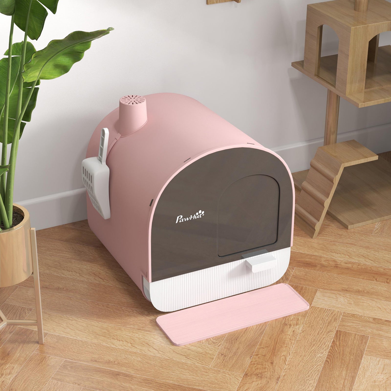 Cat Litter Box W/ Hood, Scoop, Filter, Flap Door | Pink