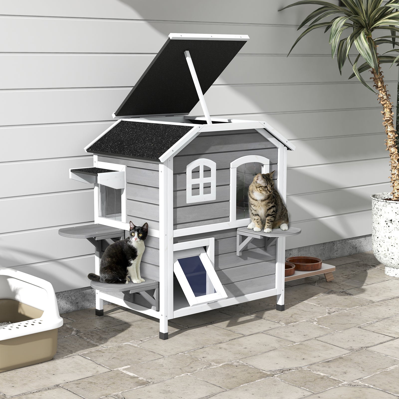 Wooden Cat House Cat Cave Pet Shelter Condos Outdoor | Grey