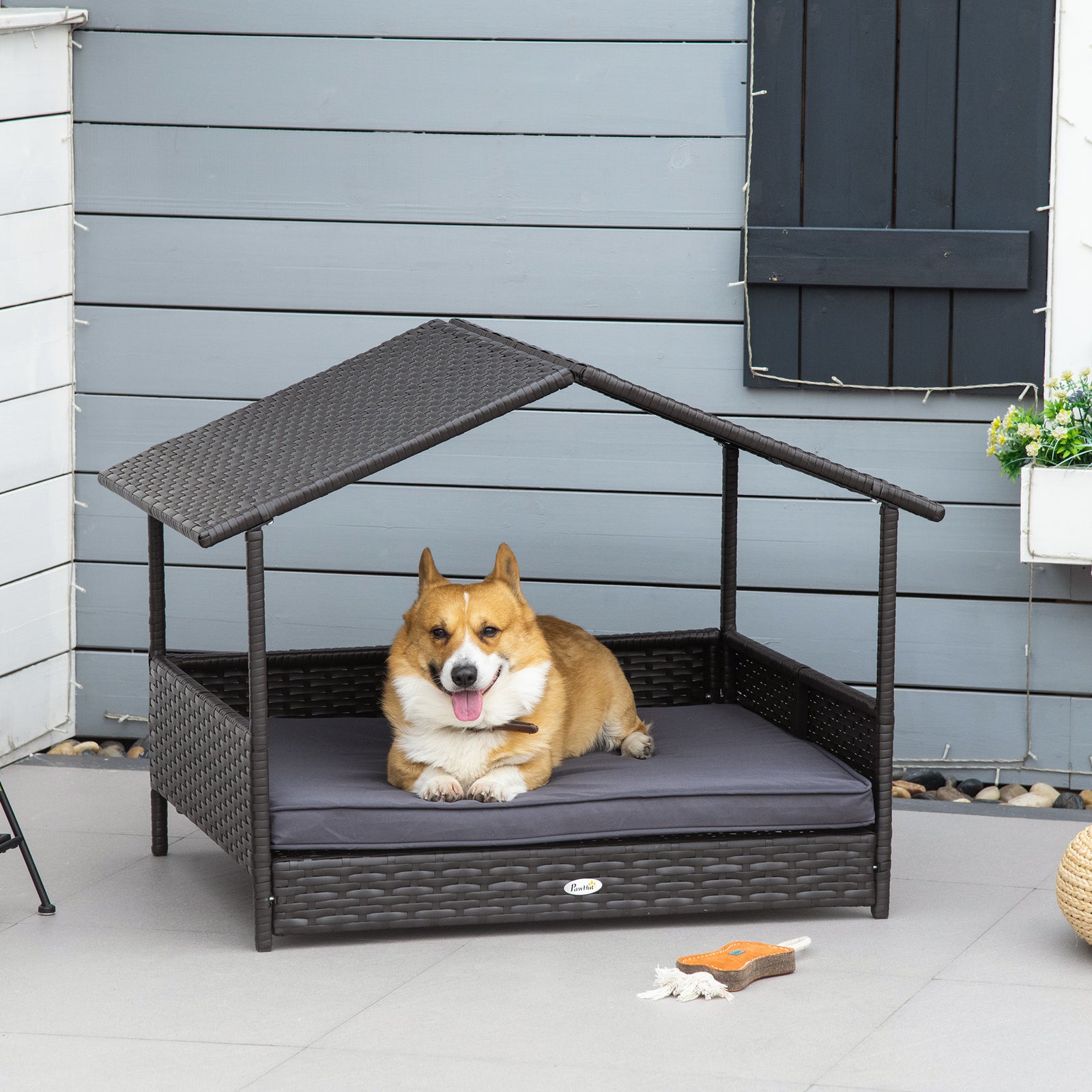 Pawhut Wicker Dog House, Rattan Pet Bed With Soft Cushion, Cat Basket | Gray